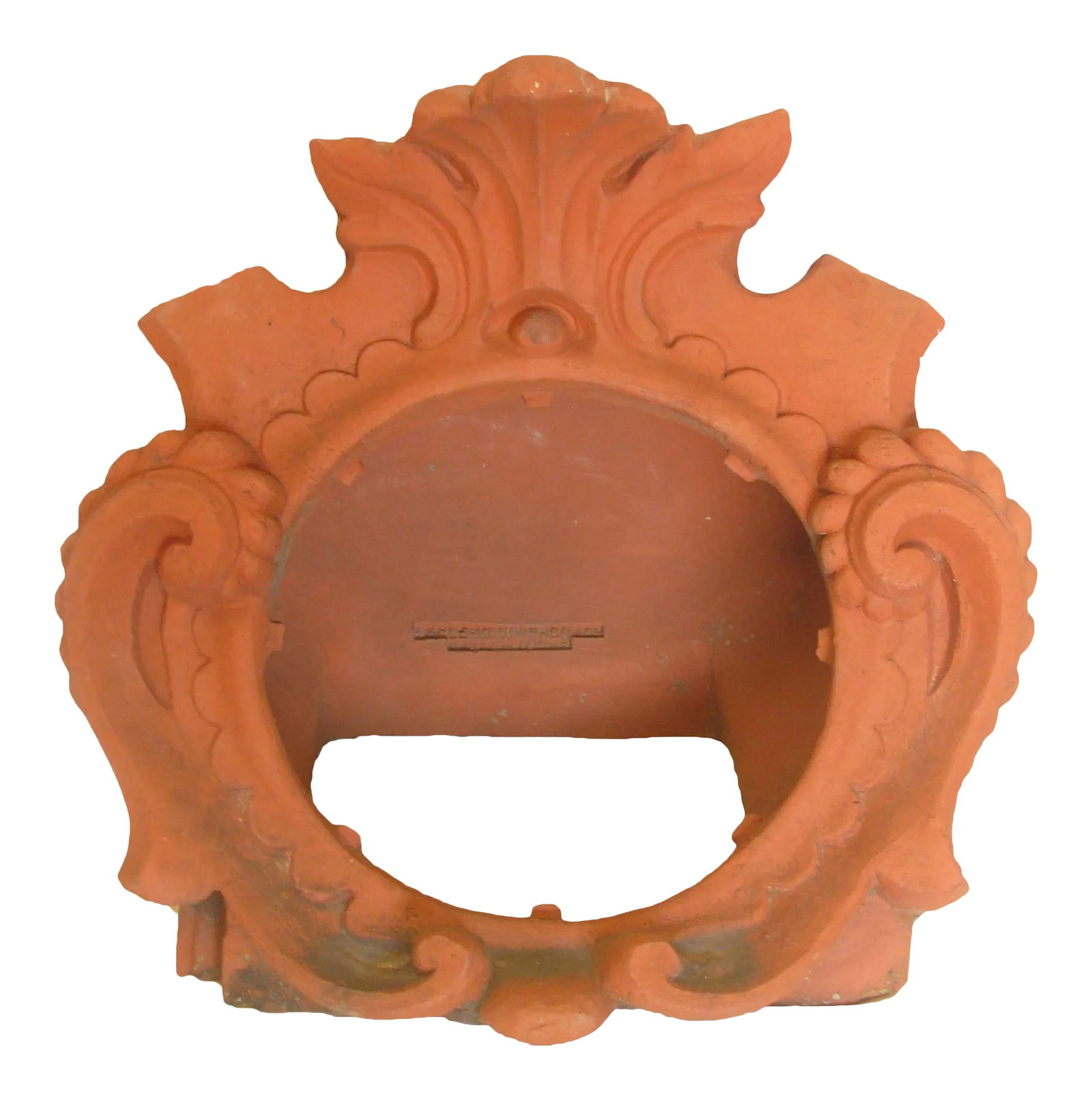 Antique French Terracotta Architectural Salvage Element: Very large unglazed terracotta architectural element sourced through a to-the-trade importer of European antiques. What a beautiful decorative addition to a garden or bookcase; stunning as the focal
