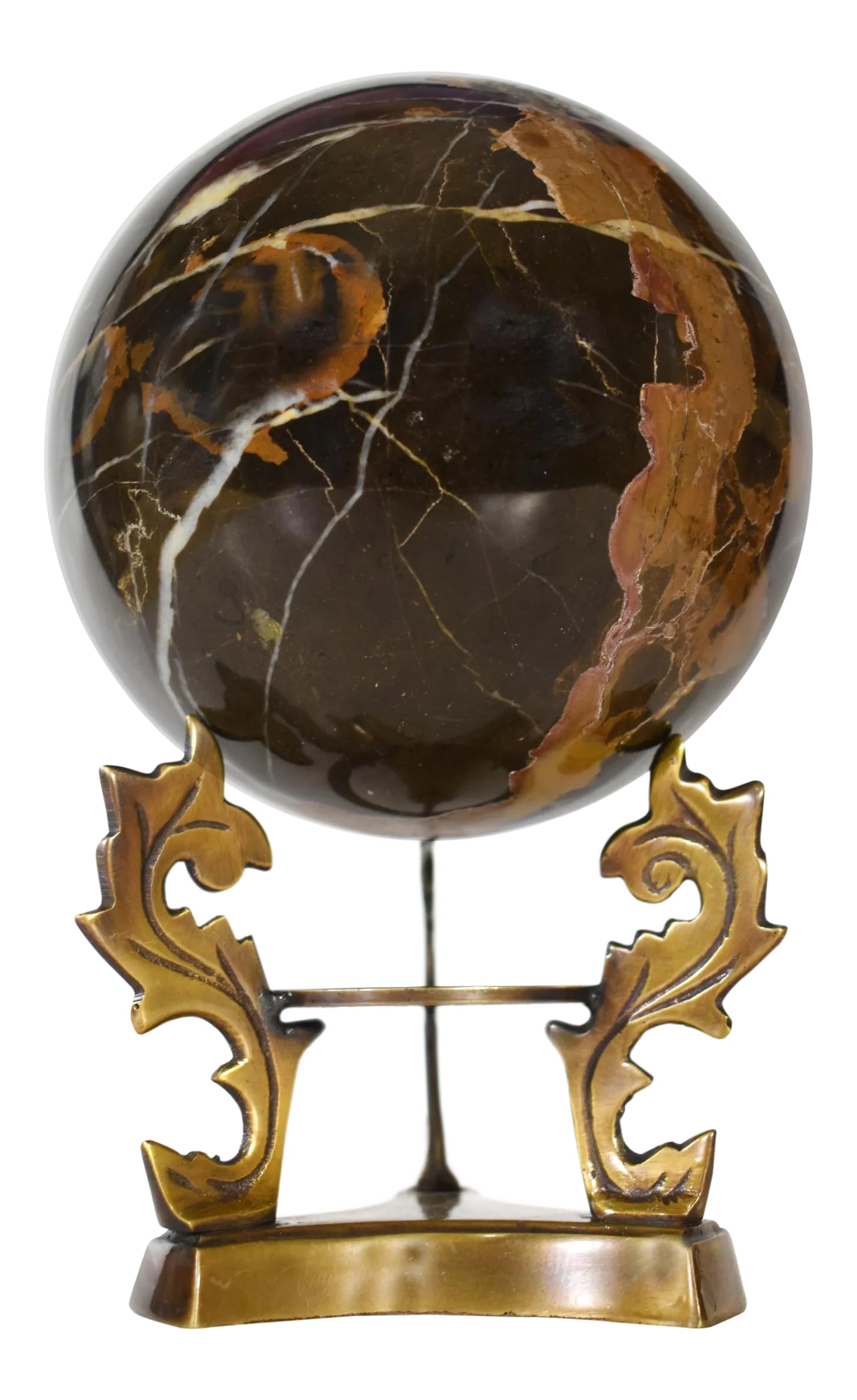 Late 20th Century Black Gold Onyx Orb Sphere Ball Figurine: This stunning late 20th-century stone orb is a unique and captivating piece of decorative art. The sphere is crafted from a beautiful black and brown stone, with intricate patterns and veins that