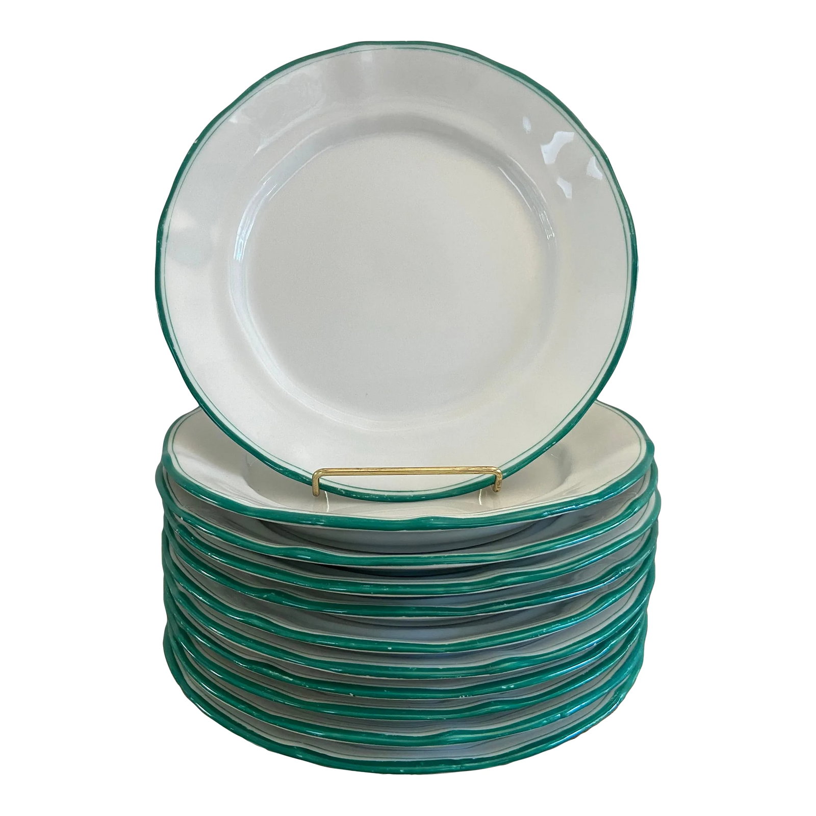 Antique 19th Century Kpm Porcelain Lunch Plates - Set of 11: Beautiful, and rare, set of antique KPM lunch size porcelain dining plates in white with a bright, teal green trim. Scepter and blue KPM makers mark dates to 1840 to 1895. The German Konigliche