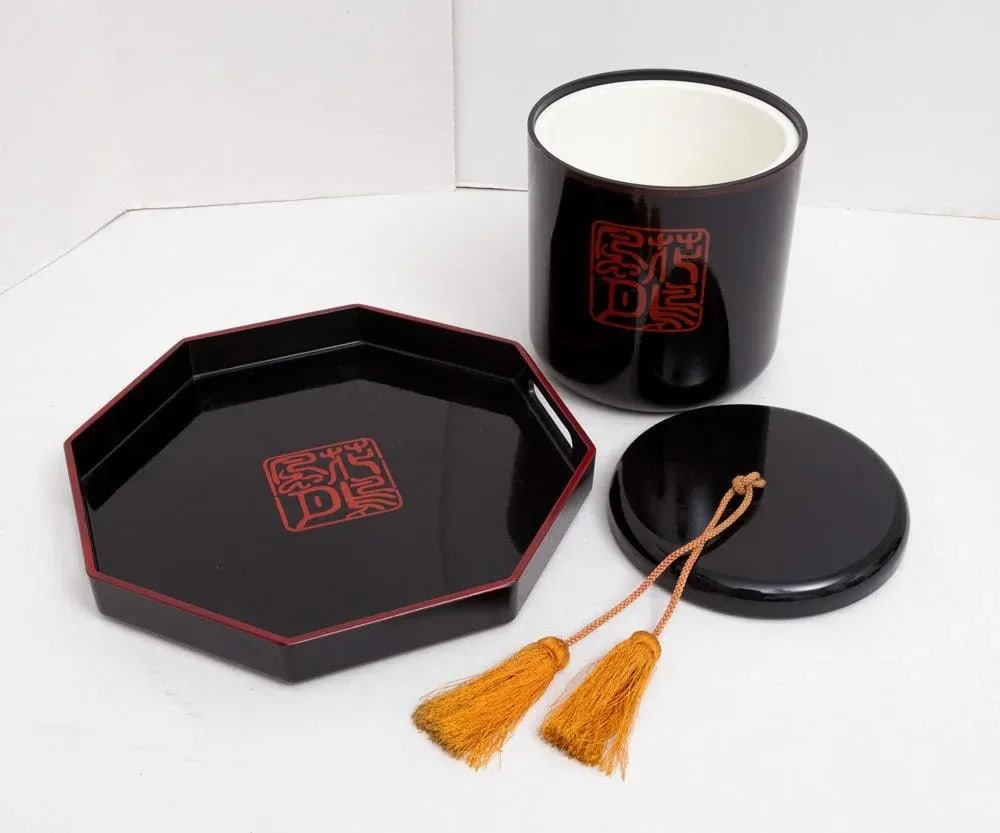 Chinoiserie Asian Bar Cart Ice Bucket & Tray Black Lacquer - 2