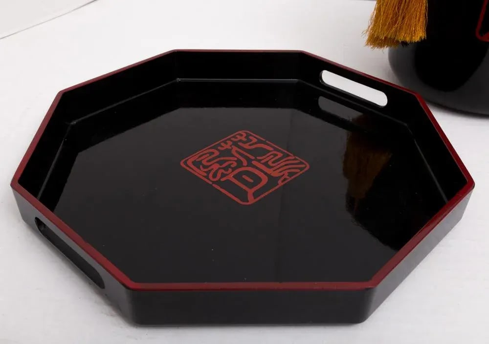 Chinoiserie Asian Bar Cart Ice Bucket & Tray Black Lacquer - 4