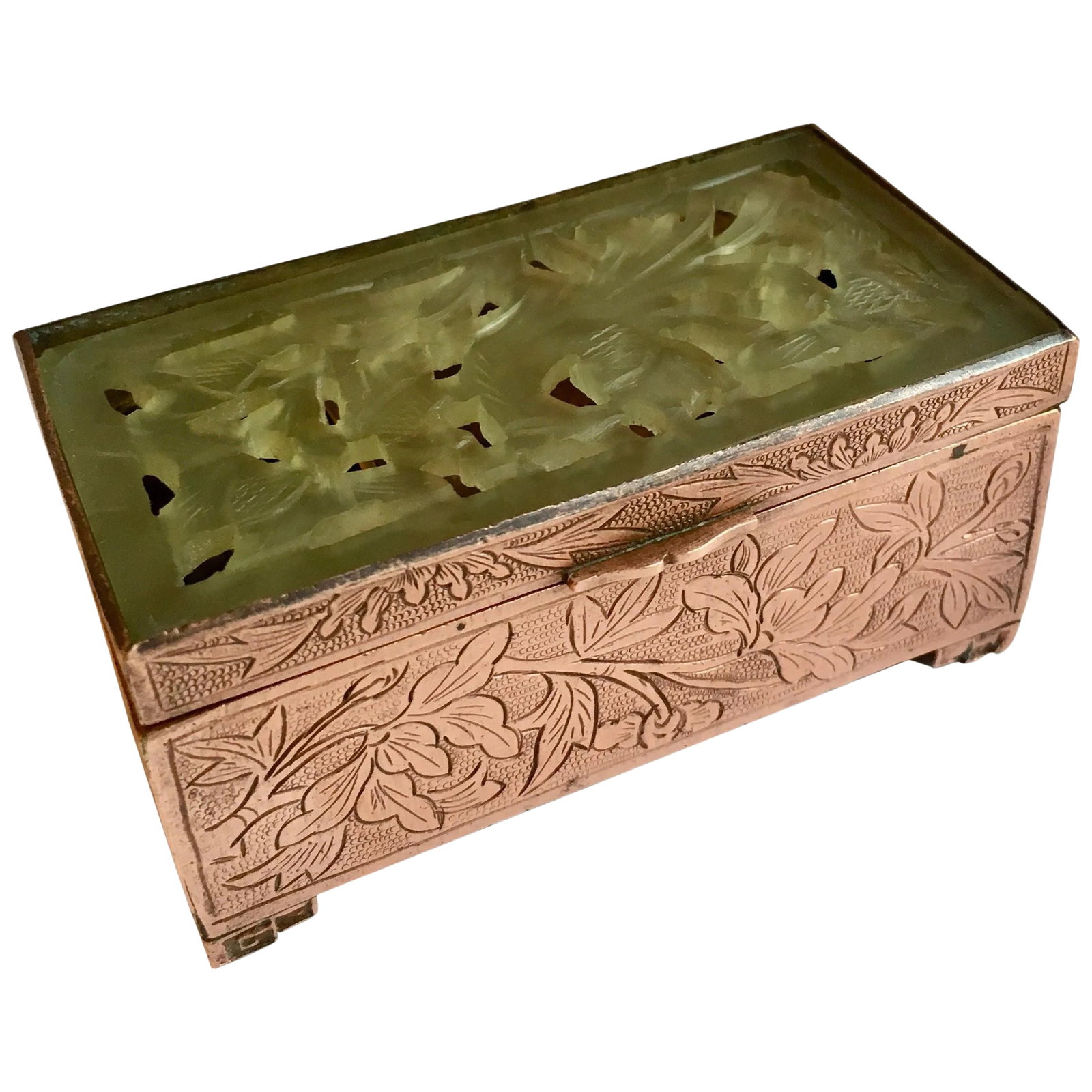 Chinese Brass and Carved Jade Box: Brass and carved jade box - etched leaves on a brass box with a hinged lid of carved Jade flowers - a lovely trinket or change box for the vanity or dresser. Could also be creatively Carused in the