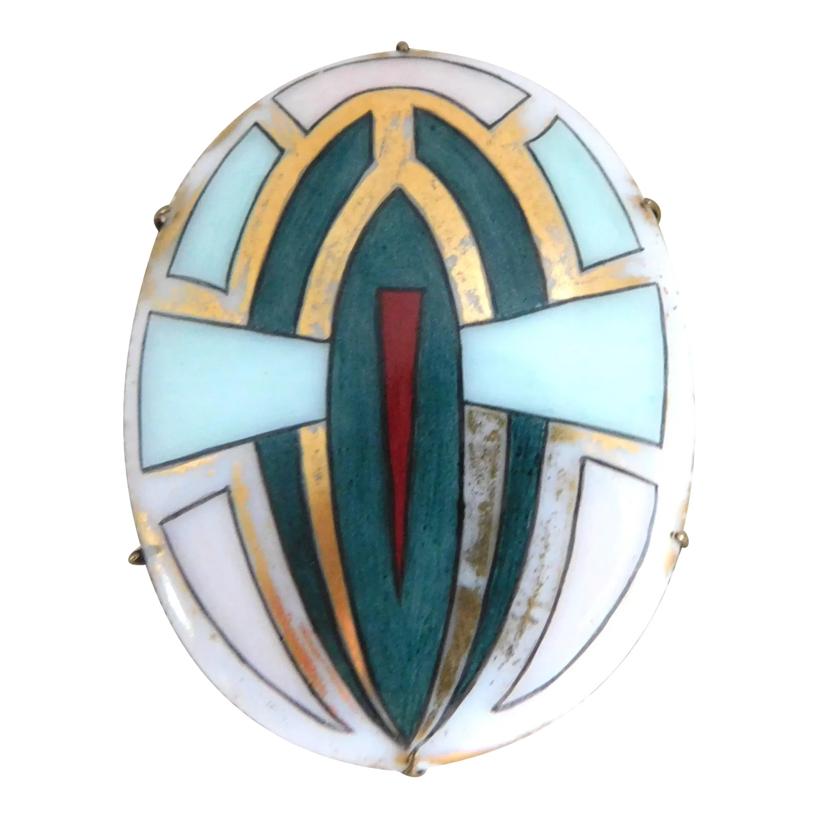 Vintage Art Deco Porcelain Hand Painted 1920's Brooch Pin: Vintage classic Art Deco 1920's design hand-painted **Limoges porcelain brooch pin. The brooch measures 2.0 inches tall x 1.5 inches wide, has a brass back and "C" pin closure. The beautiful hand