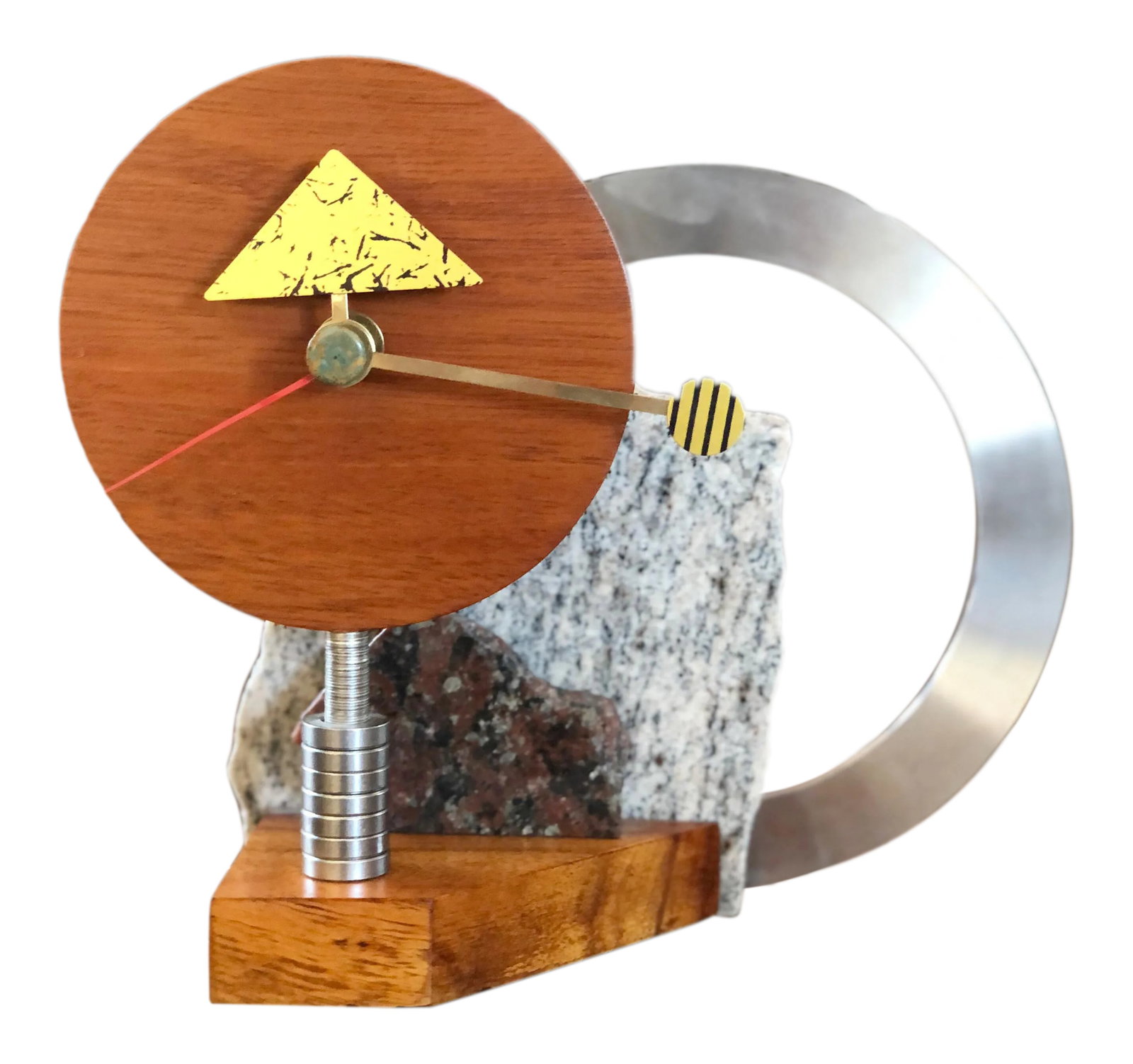 Memphis Styled Artisan Made Clock, 1990s: Very keen looking Memphis style clock. Working condition and very nice. Signed by maker on bottom. Condition: Alterations: Original Condition Unaltered Imperfections: Some Imperfections Condition