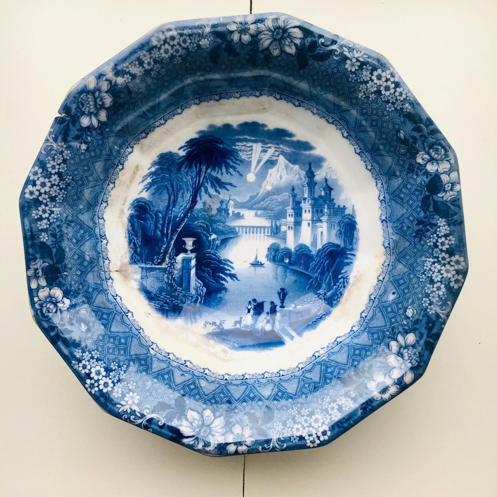 Antique C & W K Harvey Delaware Pattern Blue Transferware Bowl - 12