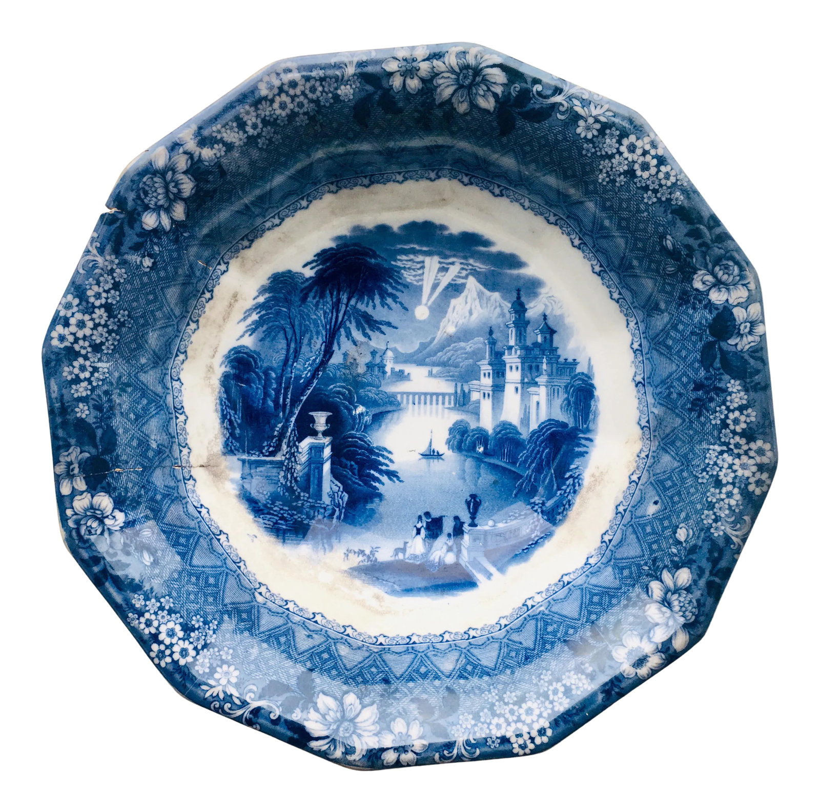 Antique C & W K Harvey Delaware Pattern Blue Transferware Bowl: C & W K Harvey Delaware Pattern Blue Transferware: Here is an antique C & W K Harvey "Delaware" pattern blue transferware bowl. It features a romantic river scene at night with people amongst a large