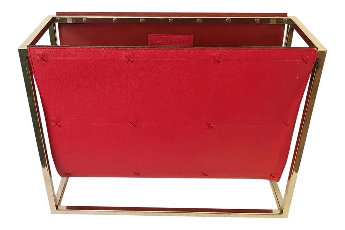 Vintage Red Chrome Global Views Magazine Caddy Rack: Vintage red chrome global views magazine caddy rack, small tear inside leather sling, see picture #4 of the period: modern country: unknown date of manufacture: 1980s materials: leather, chrome,