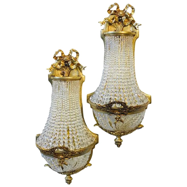 Louis XVI Style Bronze and Crystal Beaded Small Wall Sconce - a Pair (1 of 13)