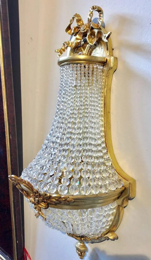 Louis XVI Style Bronze and Crystal Beaded Small Wall Sconce - a Pair - 3