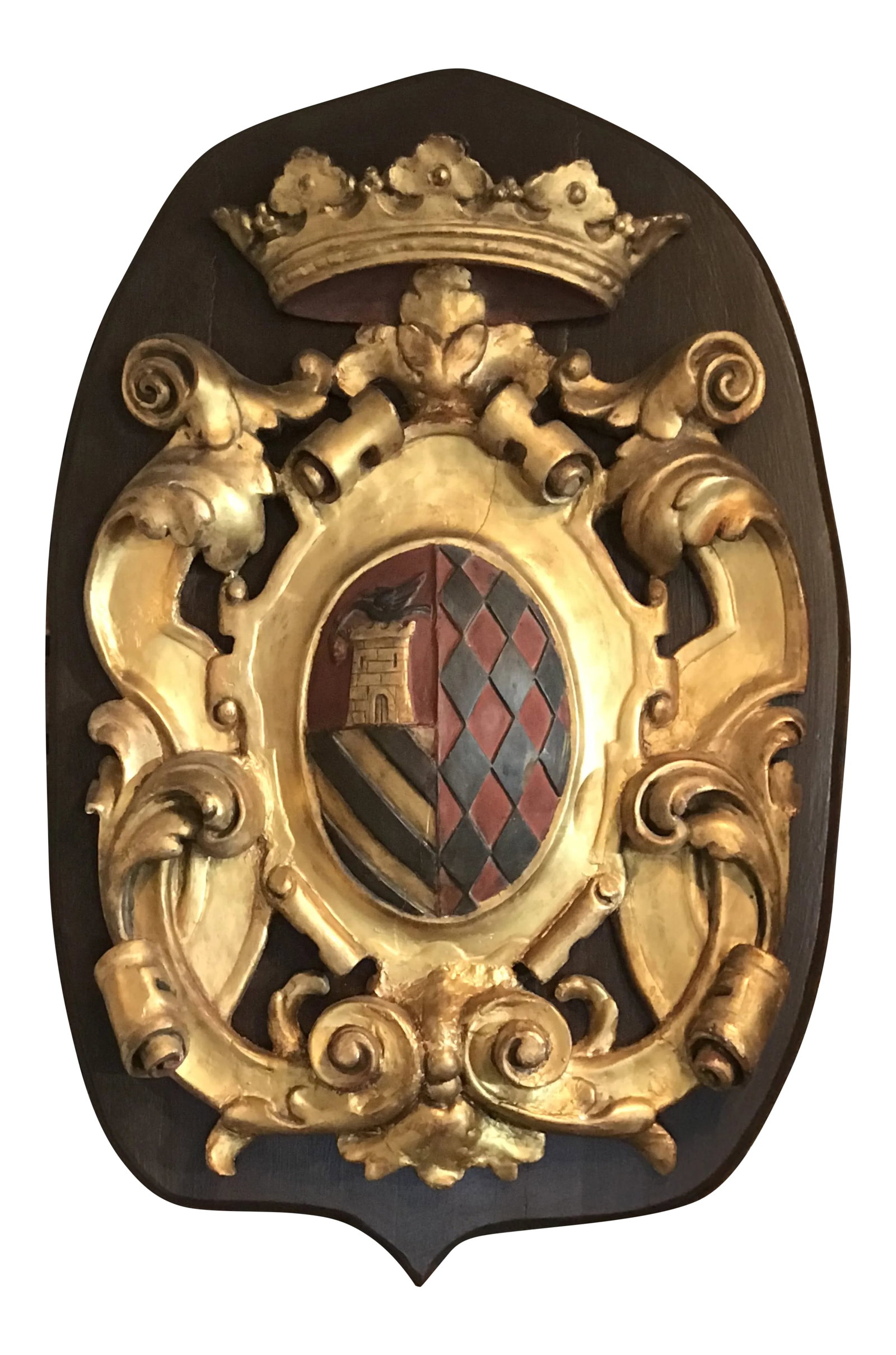 19th Century Royal Seal Coat of Arms: Beautiful and stately coat of arms royal seal from the late 1800's mounted on a wooden plaque. Makes an awesome statement piece in any den or library. Condition: Alterations: Original Condition Unalte