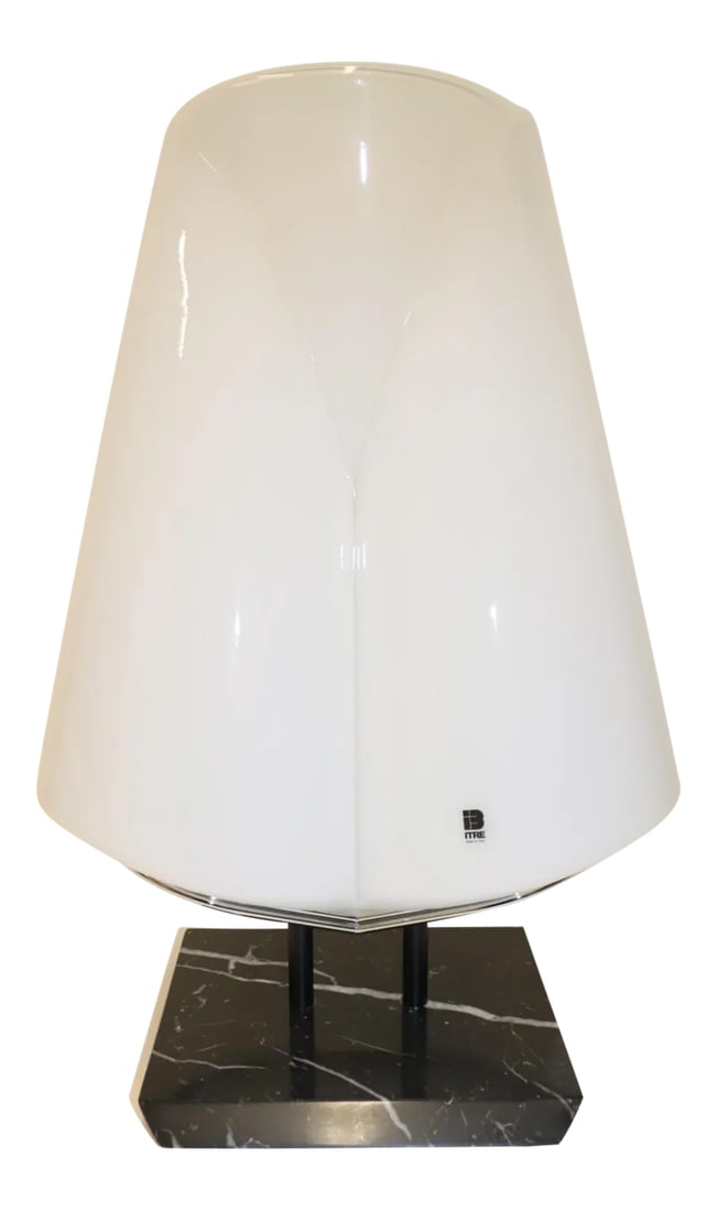 White Mid-Century Modern Murano Glass Table Lamp: Murano Table Lamp. Blown White Glass. Chrome Mounting and Black Marble Base with white stripes. The "Eva" table lamp was made by ITRE. Condition: Imperfections: No Imperfections Condition Notes: