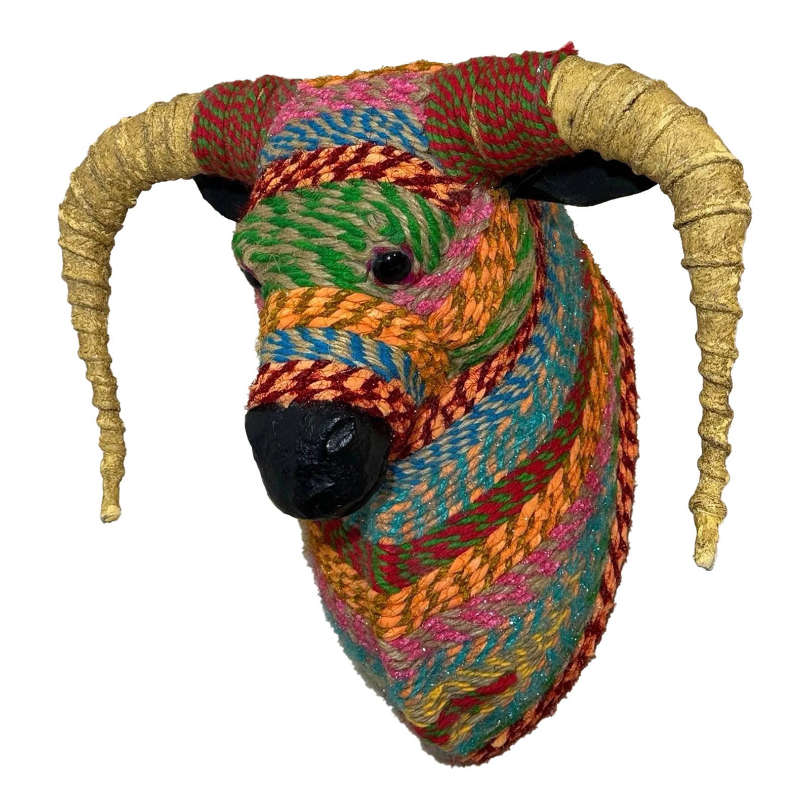 Folk Art Wall Hanging Animal Bust Ox Steer Bull Head Multicolor Jute Twine Leather Horns: Folk Art wall hanging animal bust ox steer bull head. The piece is wrapped with multicolored jute twine, and has wrapped leather horns, leather ears, and black glass marble eyes. 15" at longest. 16"