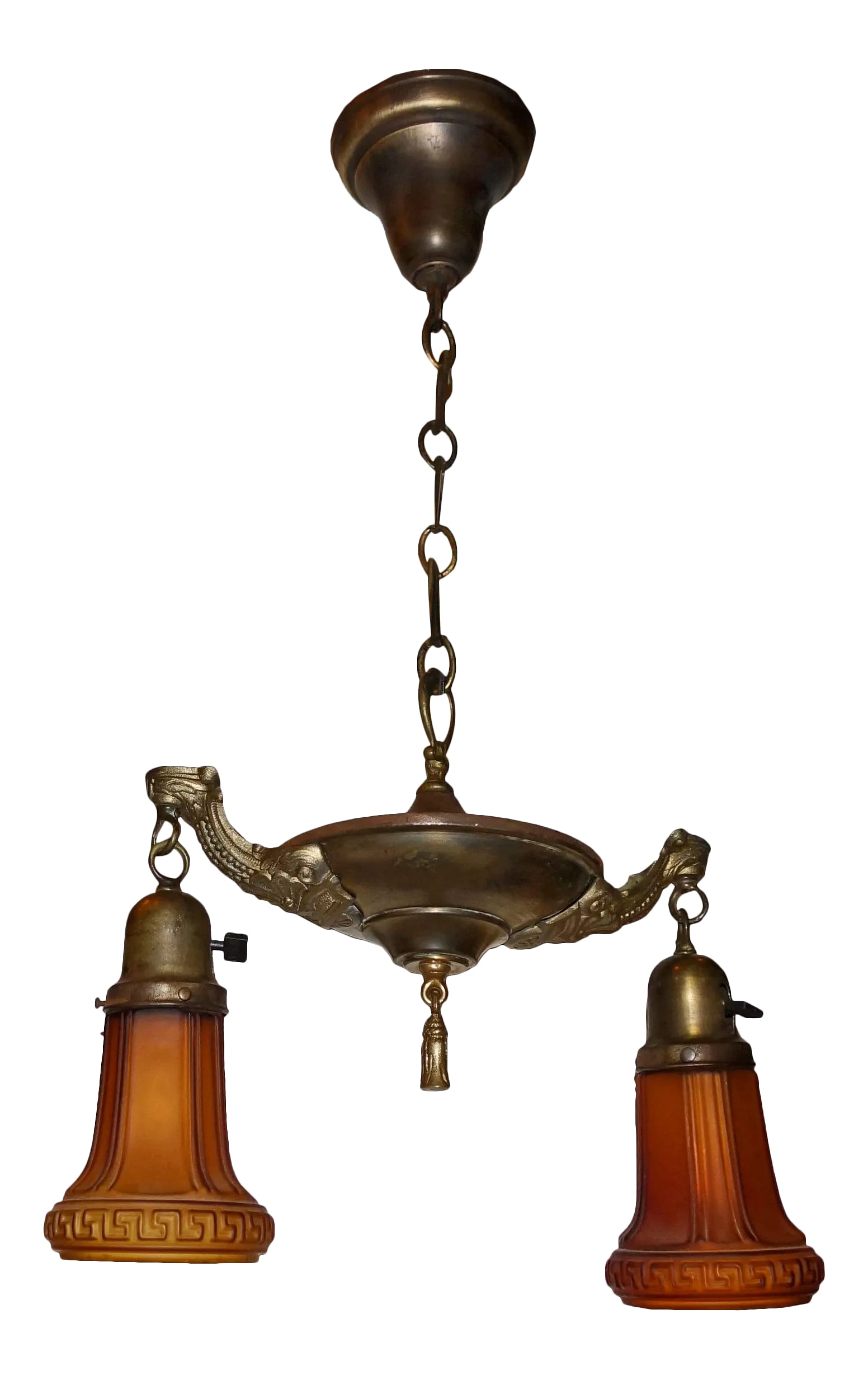 Beaux Arts Style Two Light Hanging Fixture, Amber Color Shades, Greek Key Design: Beaux Arts style two light hanging fixture with drop tasssel and amber colored molded Nuart glass shades with Greek Key pattern. Wired, ready to hang. Chain can be shortened or lengthened, please