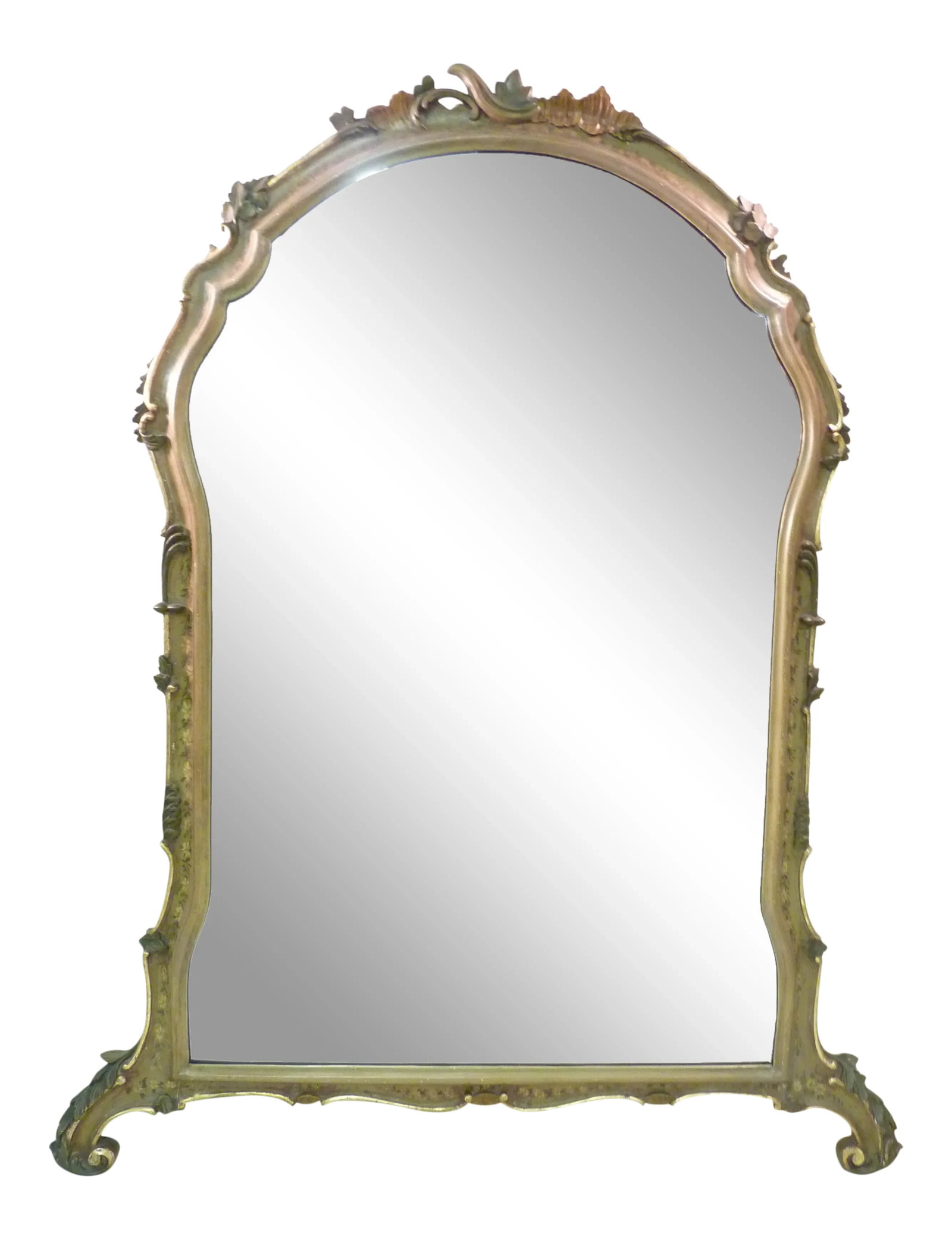 Italian Rococo Style Painted Mirror: Carved wood mirror, painted in the Venetian style, edged in gold leaf, with carved leaves, and painted flowers in the cove, 54"H x 44"W. Condition: Alterations: Unknown Imperfections: Some