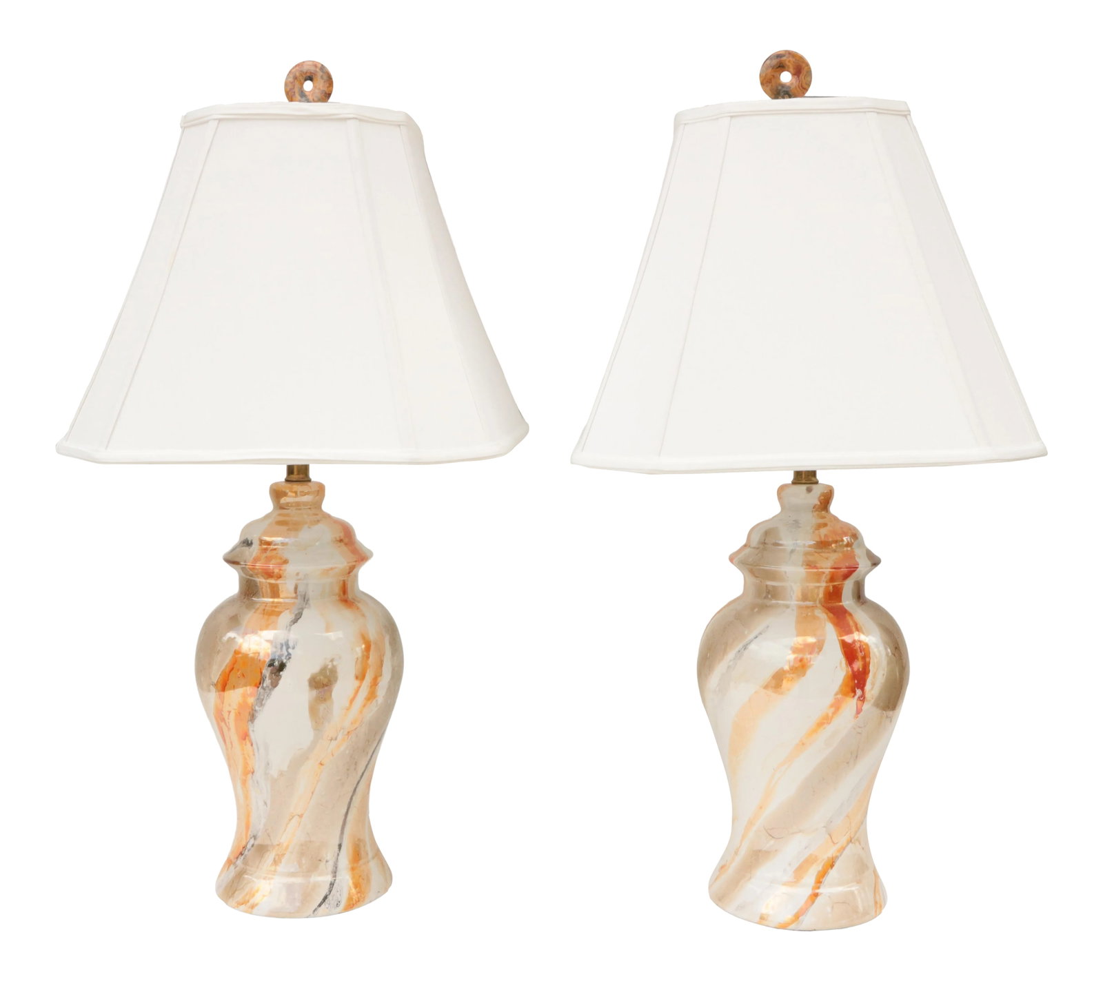 Mid 20th Century Marbled Ceramic Table Lamps - a Pair: These complete vintage table lamps feature a mottled, faux marble finish with an iridescent glaze in neutral cream mingled with browns, orange, and black. Each is topped with a crazy lace agate