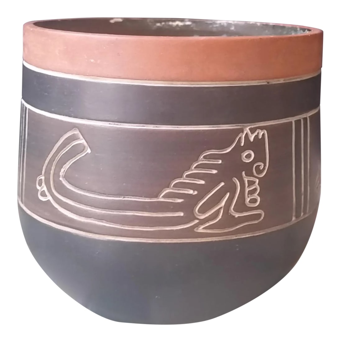 Armando De Mexico Incised Tan Planter: Here's a nice planter made by Armando de Mexico. It features incised lizards and has an abstract motif. Perfect for a cactus or other succulent. Condition: Alterations: Original Condition Unaltered