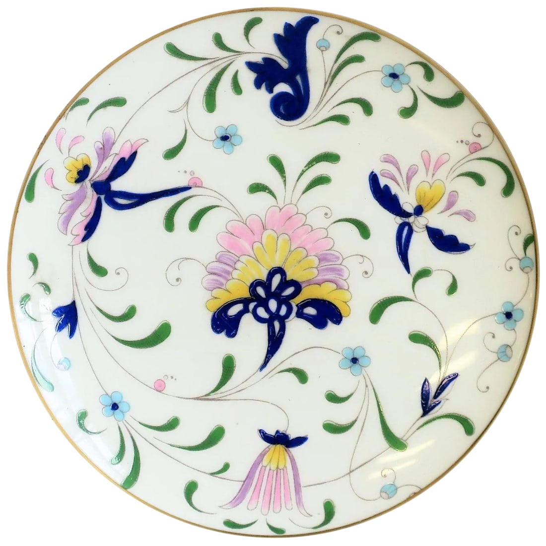 English Blue and White Porcelain Round Jewelry or Trinket Box: A beautiful English Coalport Porcelain predominantly blue and white 'botanical' decorated round box. Box can hold jewelry, trinket or other small items. Beautiful floral and leaf design with colors