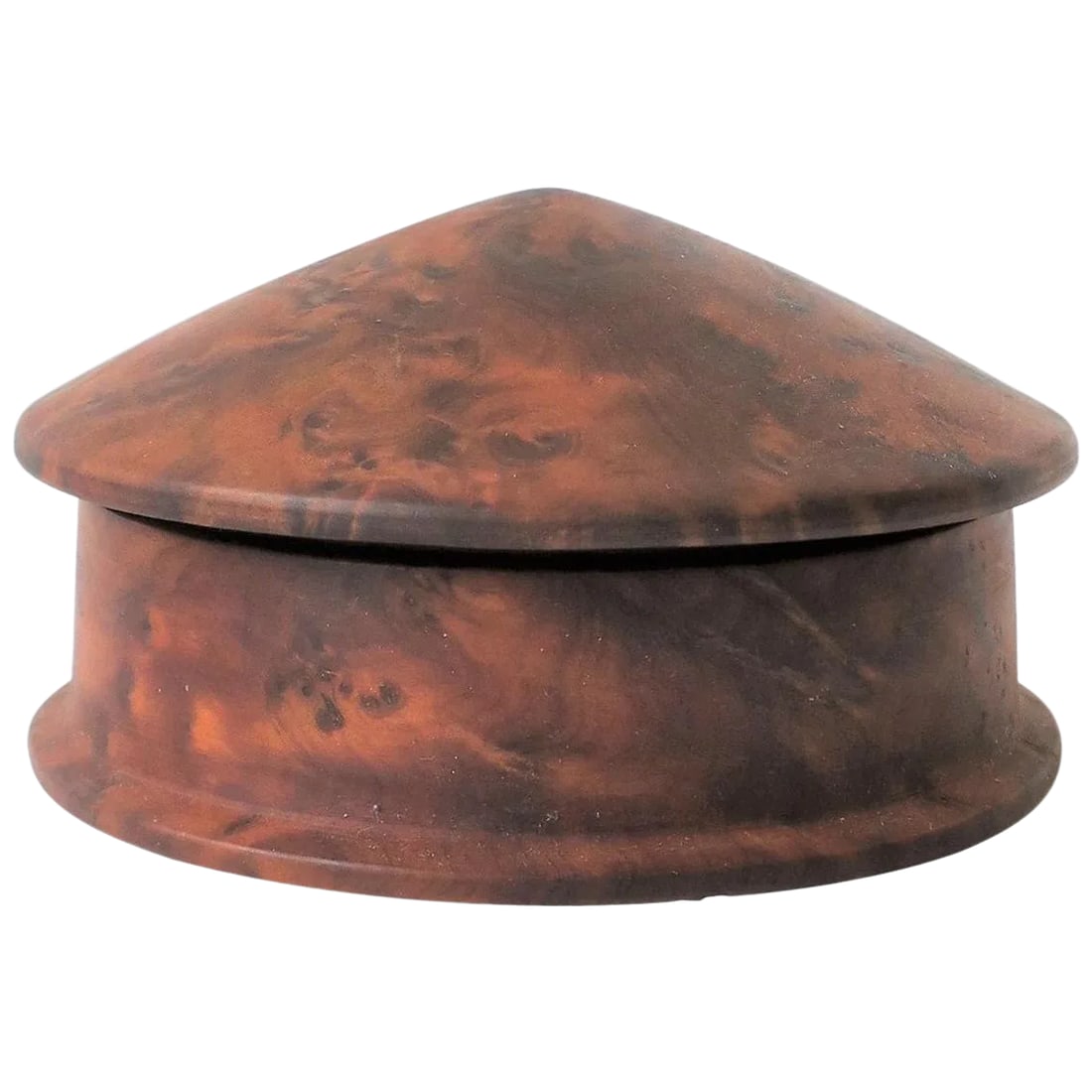 Round Burl Trinket or Jewelry Box: A beautiful small round burl wood trinket, jewelry, or vanity box with pyramid-like top. Measures: 2.75" height x 3.50" diameter. Condition: Alterations: Original Condition Unaltered Imperfections: