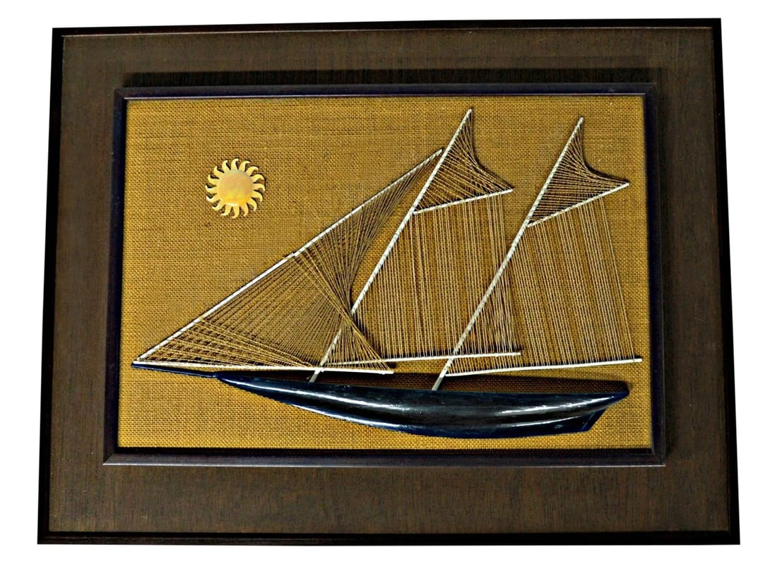 Sailboat String & Nail Ship Hanging Art: 1970s sailboat/schooner wall hanging. Plastic sticks laid in a pattern outlining sails are threaded with cotton thread. Complementary decorative plastic details. Wooden custom made frame. No maker