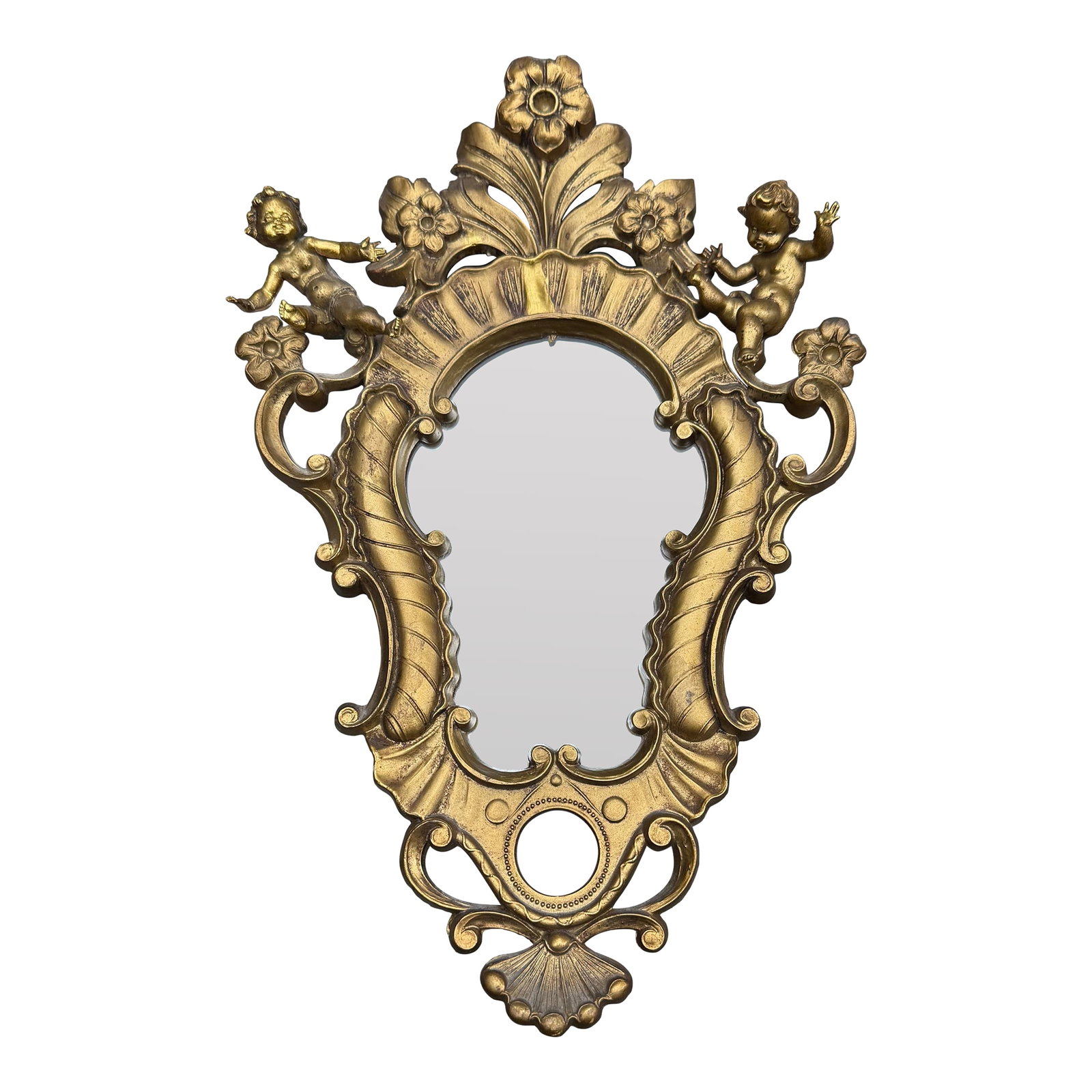 Small Italian Gilded Cherub Wall Mirror: Vintage ornate mirror made in Italy - sturdy plastic type material - chippendale/ rococo style. This old gold tone mirror made in Italy is extraordinary. distinguished style with its luminous golden