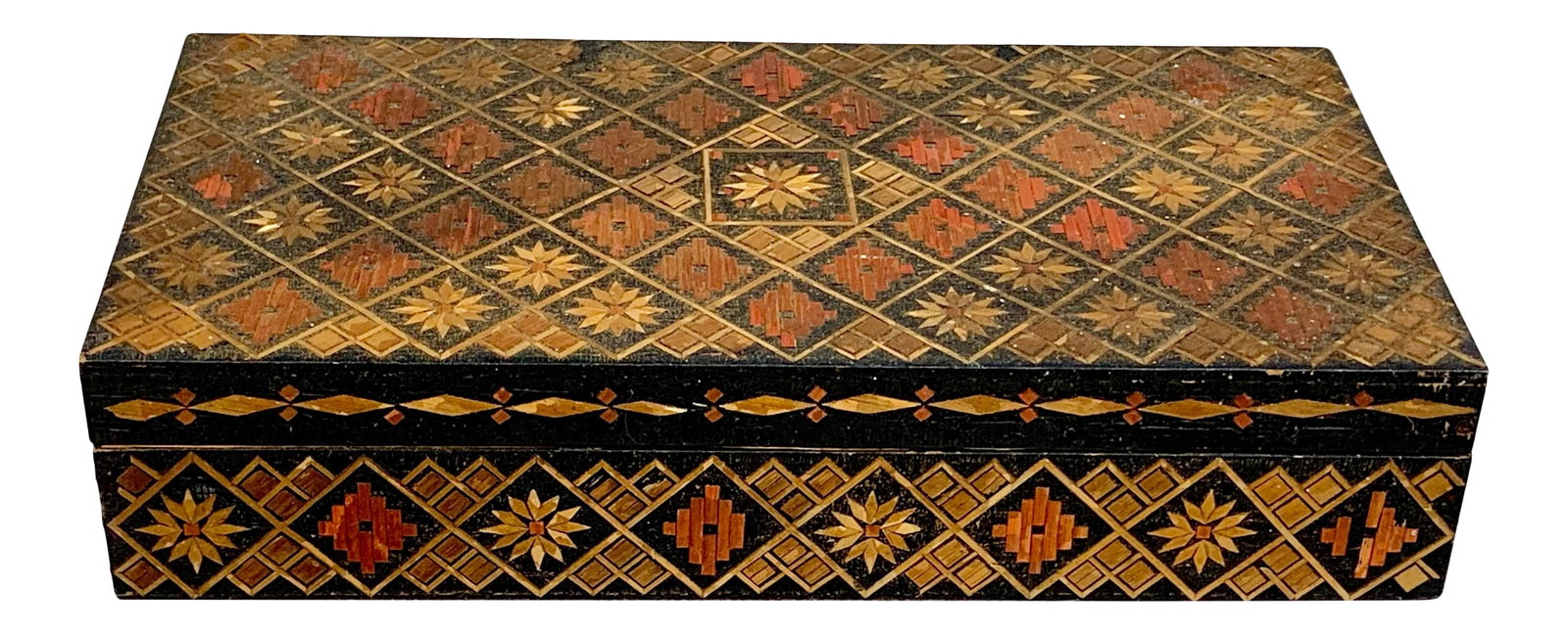 Vintage Russian Wooden Box: Beautiful vintage wooden box. Features a geometric design made of straw. I believe it is Russian. Inside it's lined and perfect to use for jewelry. This is a pre-owned item so please see all pictures
