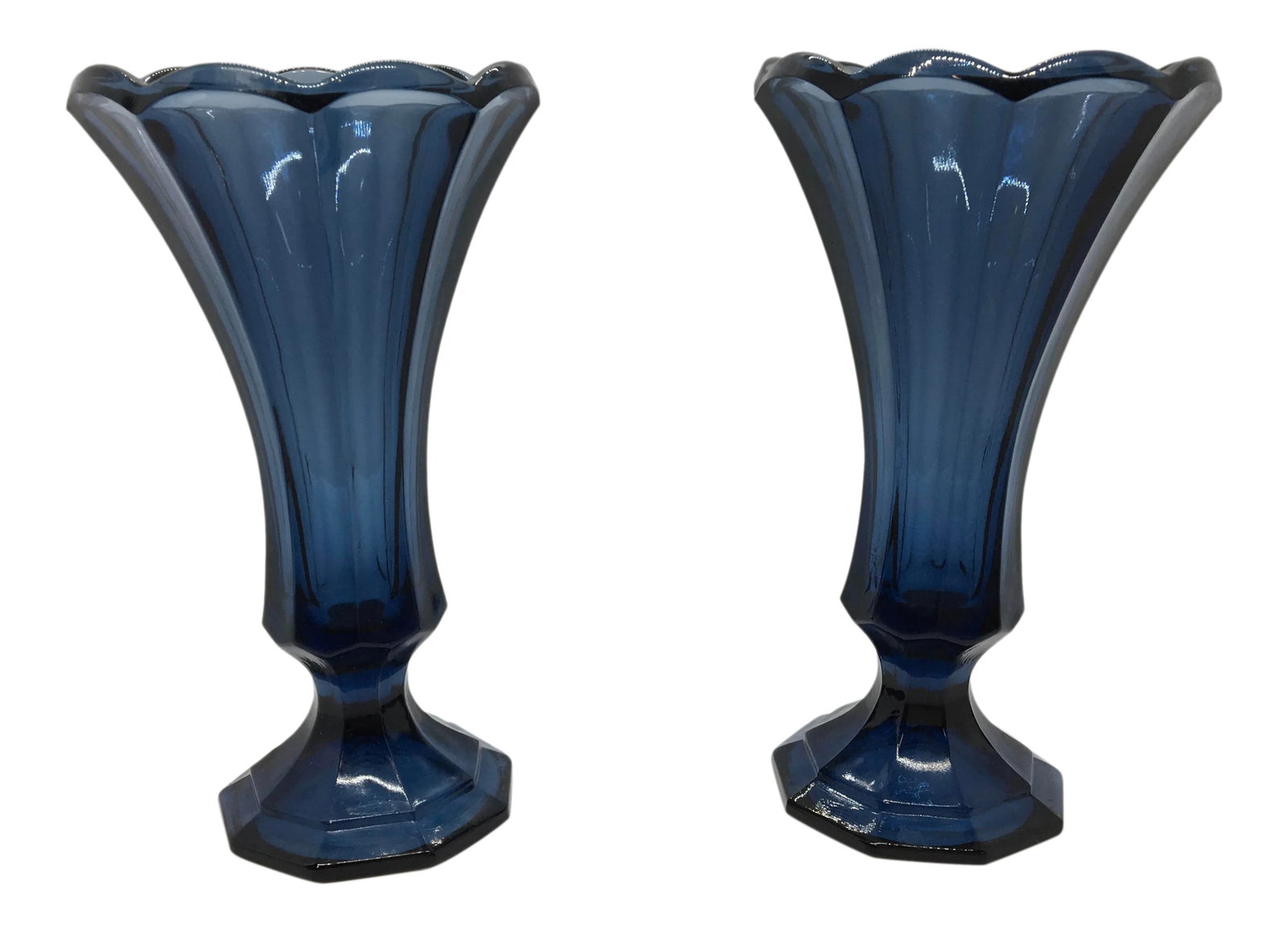 Vintage 1980s Blue Fostoria Glass Vases - a Pair: A beautiful pair of vintage Fostoria Dark Blue Glass vases. These flower vases were made by the Fostoria Glass Company. This is the Virginia pattern, made between 1976-1986, with a soft scalloped edge