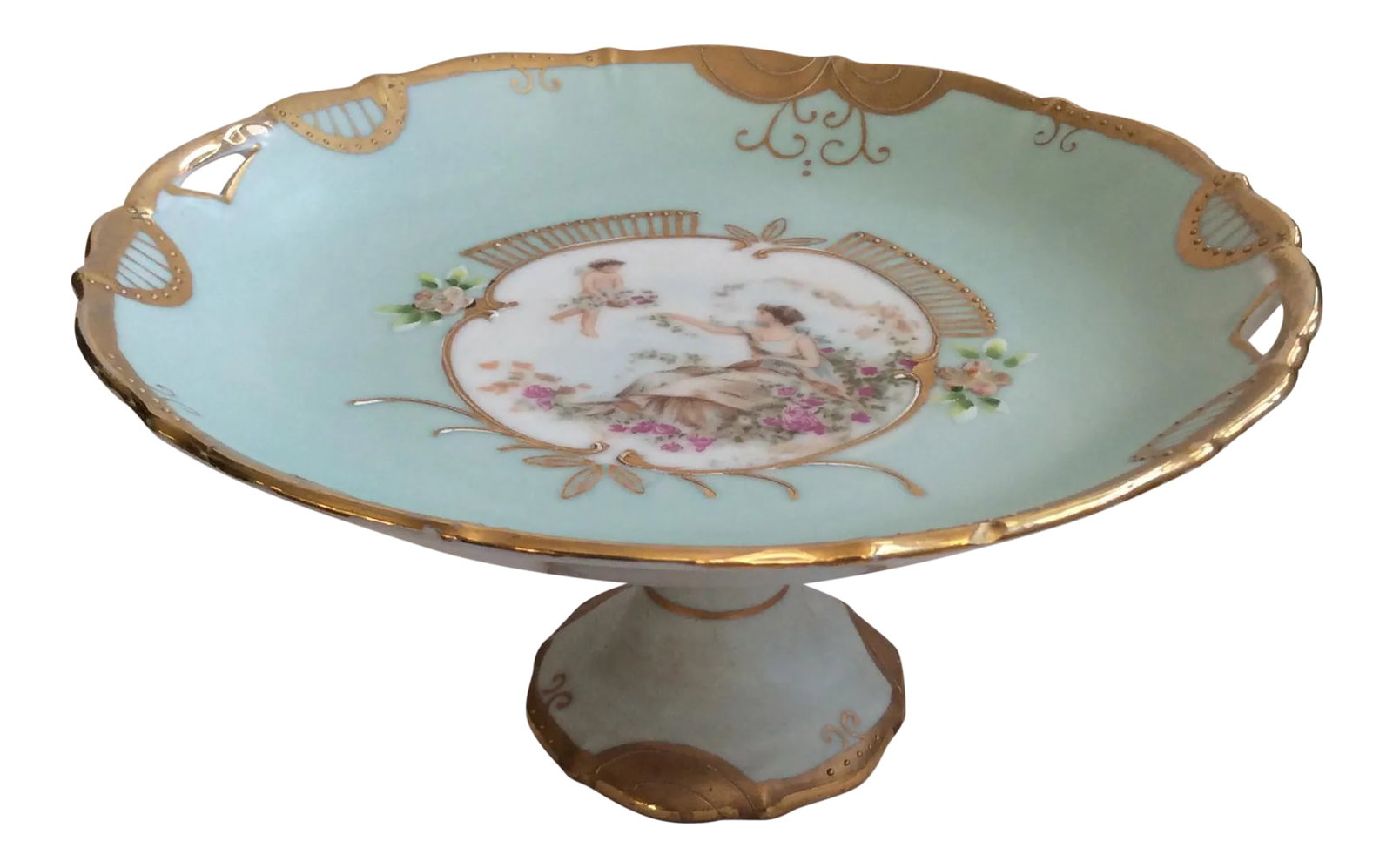 Hand Painted Porcelain Tazza: Tazza - Italian for 'cup' - a wide but shallow saucer-like dish either mounted on a stem and foot or on a foot alone. My grandmother would always present our favorite candies on this sweet,