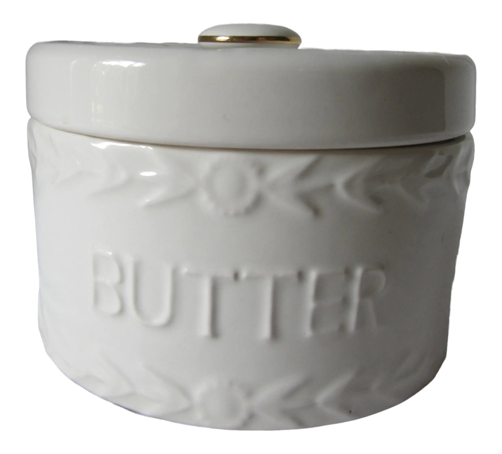 Vintage Ceramic Butter Crock With Flowers: Vintage Ceramic Butter Crock With Flowers, "BUTTER" written on one side, the other has flower design. Marked on reverse, "House of Webster." Combined shipping available, don't forget to use your