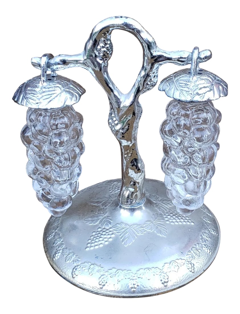 Vintage Grapevine Salt & Pepper Shaker Set- 3 Pieces: Vintage set of glass, grape bunch, salt & pepper shakers with an accompanying grapevine-shaped stand. This is a small set, each glass shaker measures less than 3.5 inches from top to bottom with lid