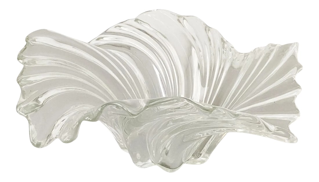 Vintage Mikasa "Belle Epoque" Large Glass Sculptural Bowl: Vintage ribbed wave motif large glass sculptural bowl. A fabulous statement piece with glam 80s vibes. Dimensions: 15" diameter, 6" high Condition: Alterations: Original Condition Unaltered
