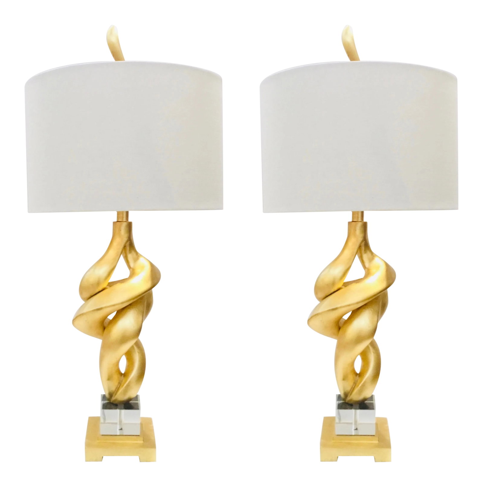 Modern Gold Leaf Finished Sculptural Table Lamps Pair: Gorgeous contemporary Modern Gold Leaf Finished Sculptural Table Lamps Pair, glass accents, white fabric shades, showroom floor samples Condition: Imperfections: Some Imperfections Condition Notes: