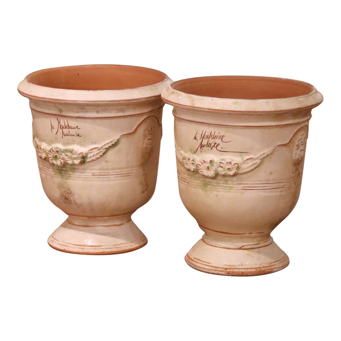 Pair of French Anduze Terracotta Planters Signed La Madeleine: Add timeless Provencal elegance to your garden or interior with this handsome pair of antique French Anduze planters, handcrafted in southern France and signed La Madeleine a Anduze. Each vessel is