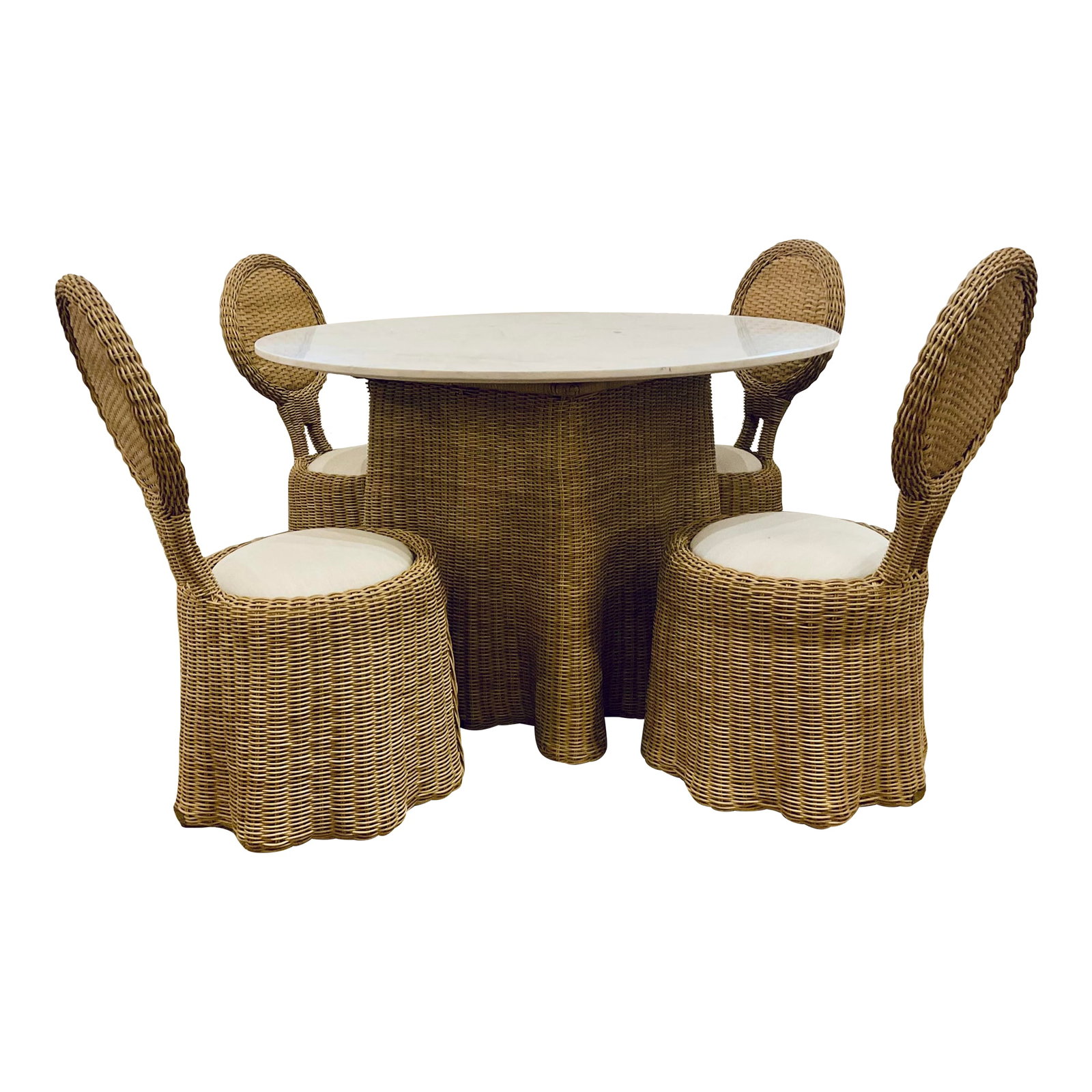 Celerie Kemble for Lane Venture Wicker Rattan Crispin Wave Indoor/Outdoor Dining Table Set: One of a kind Celerie Kemble for Lane Venture Wicker Rattan Crispin Wave Indoor/Outdoor Dining Table Set, white and gray marble top, outdoor off-white linen seat cushions, showroom floor sample