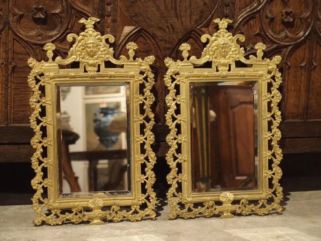 Antique French Bronze Dore Mirrors With Mascarons and Floral Motifs, Circa 1880 - a Pair - 13