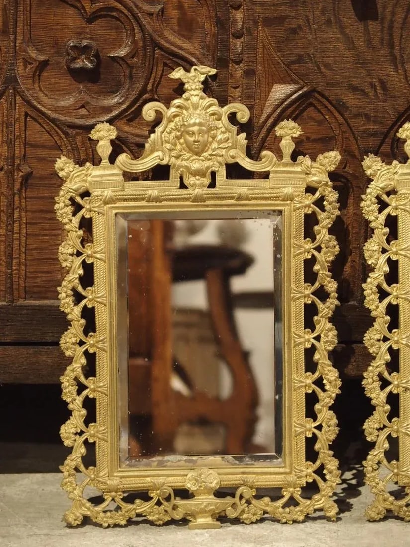 Antique French Bronze Dore Mirrors With Mascarons and Floral Motifs, Circa 1880 - a Pair - 4