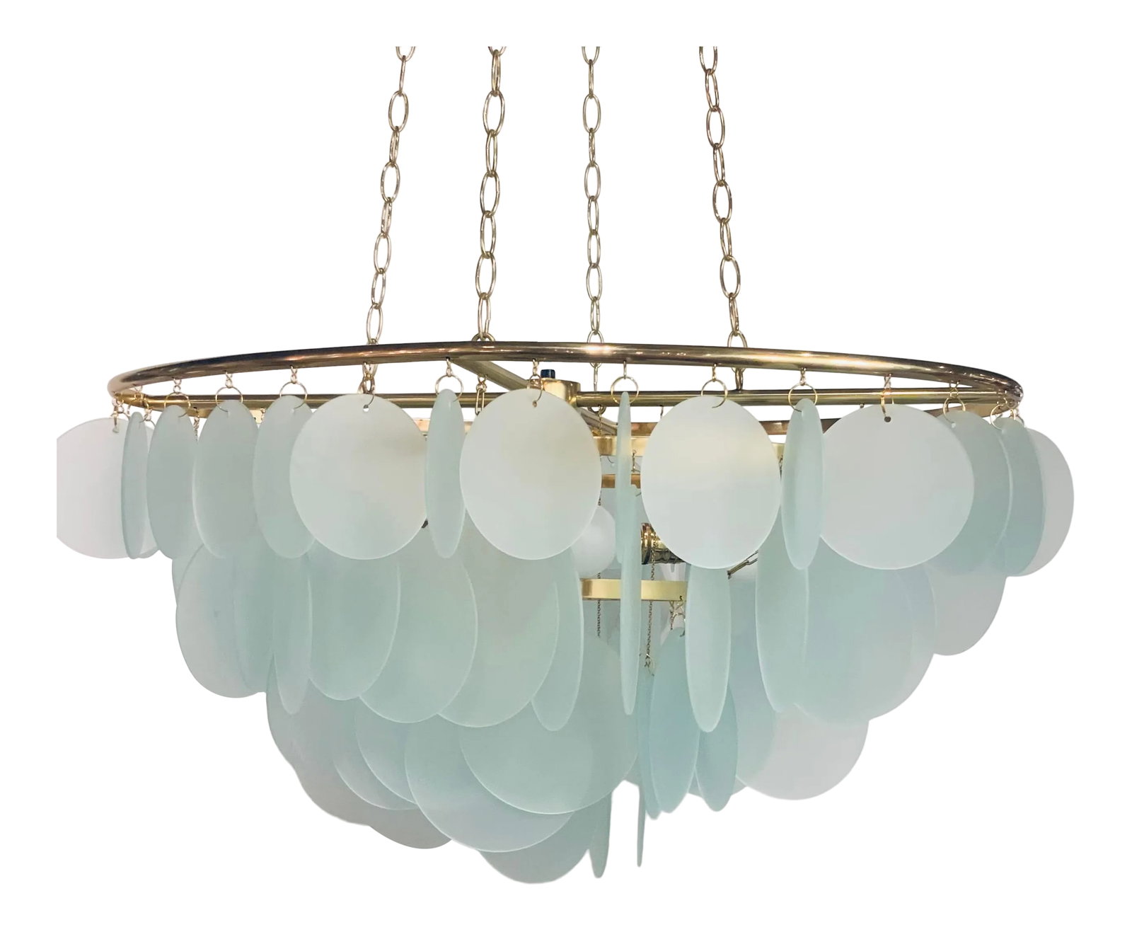 Modern Aqua Glass Disc Chandelier: Stylish Modern Aqua Glass Disc Chandelier, brass finished metal frame, showroom floor sample Condition: Imperfections: Some Imperfections Condition Notes: Showroom floor samples, not brand new from a