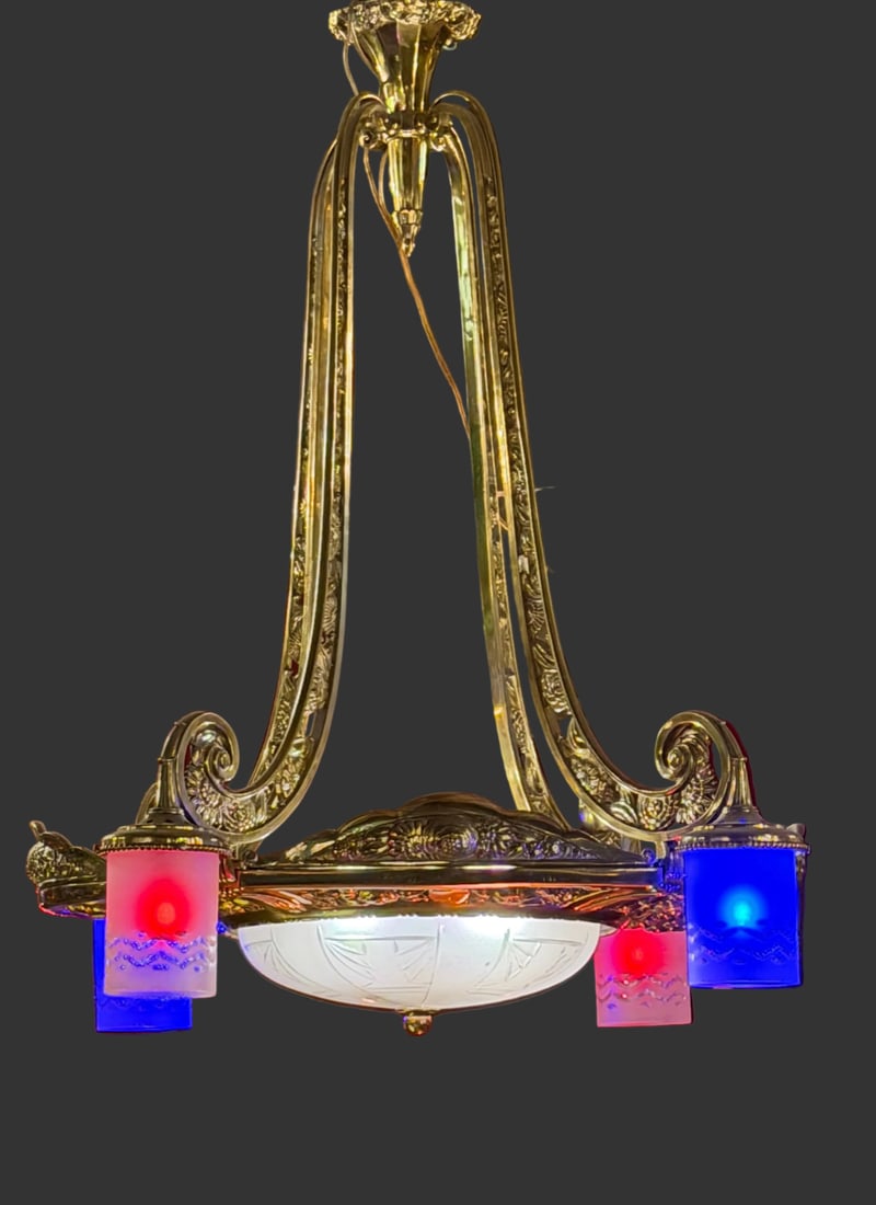 Antique Art Deco - Neoclassical Brass Chandelier - 3