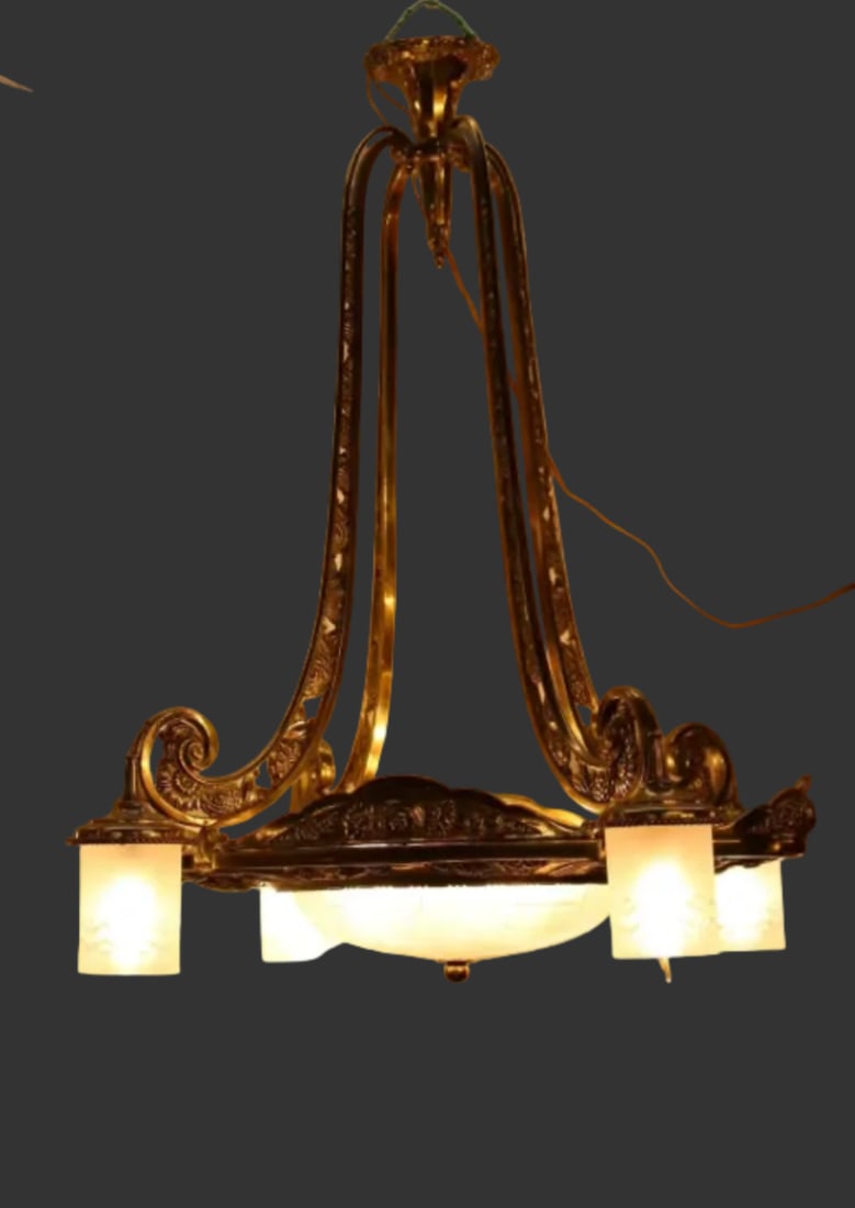 Antique Art Deco - Neoclassical Brass Chandelier - 4