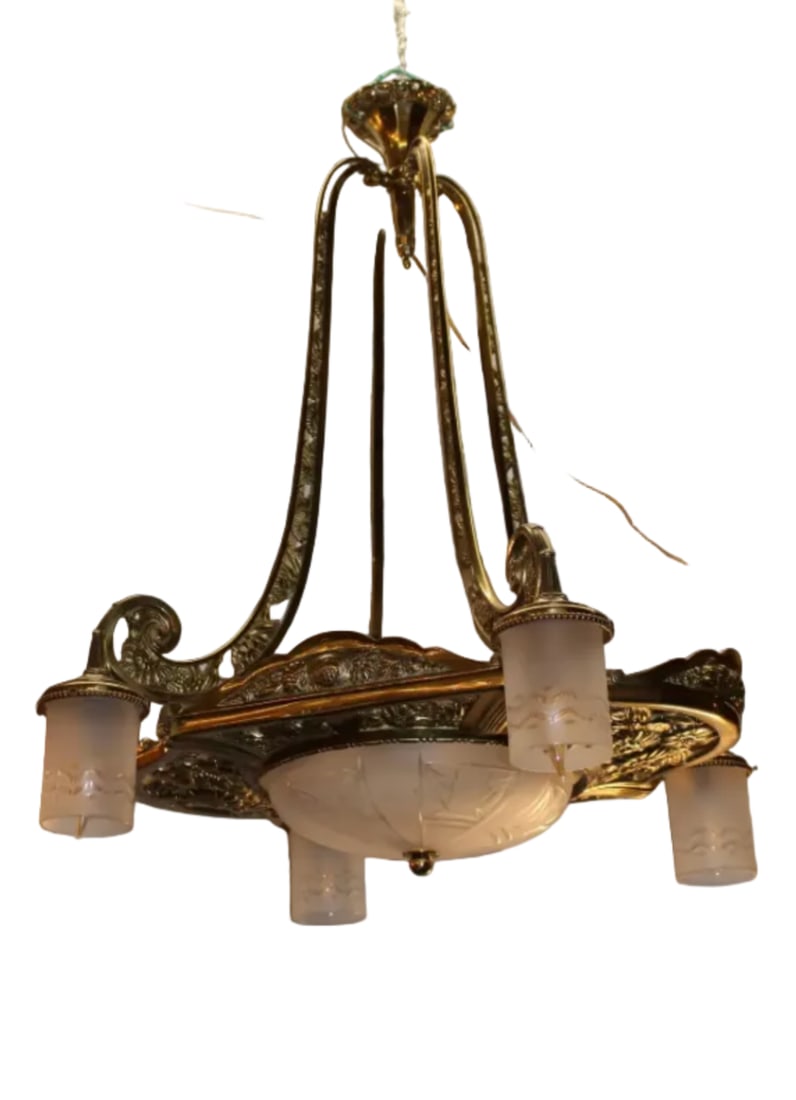 Antique Art Deco - Neoclassical Brass Chandelier - 5