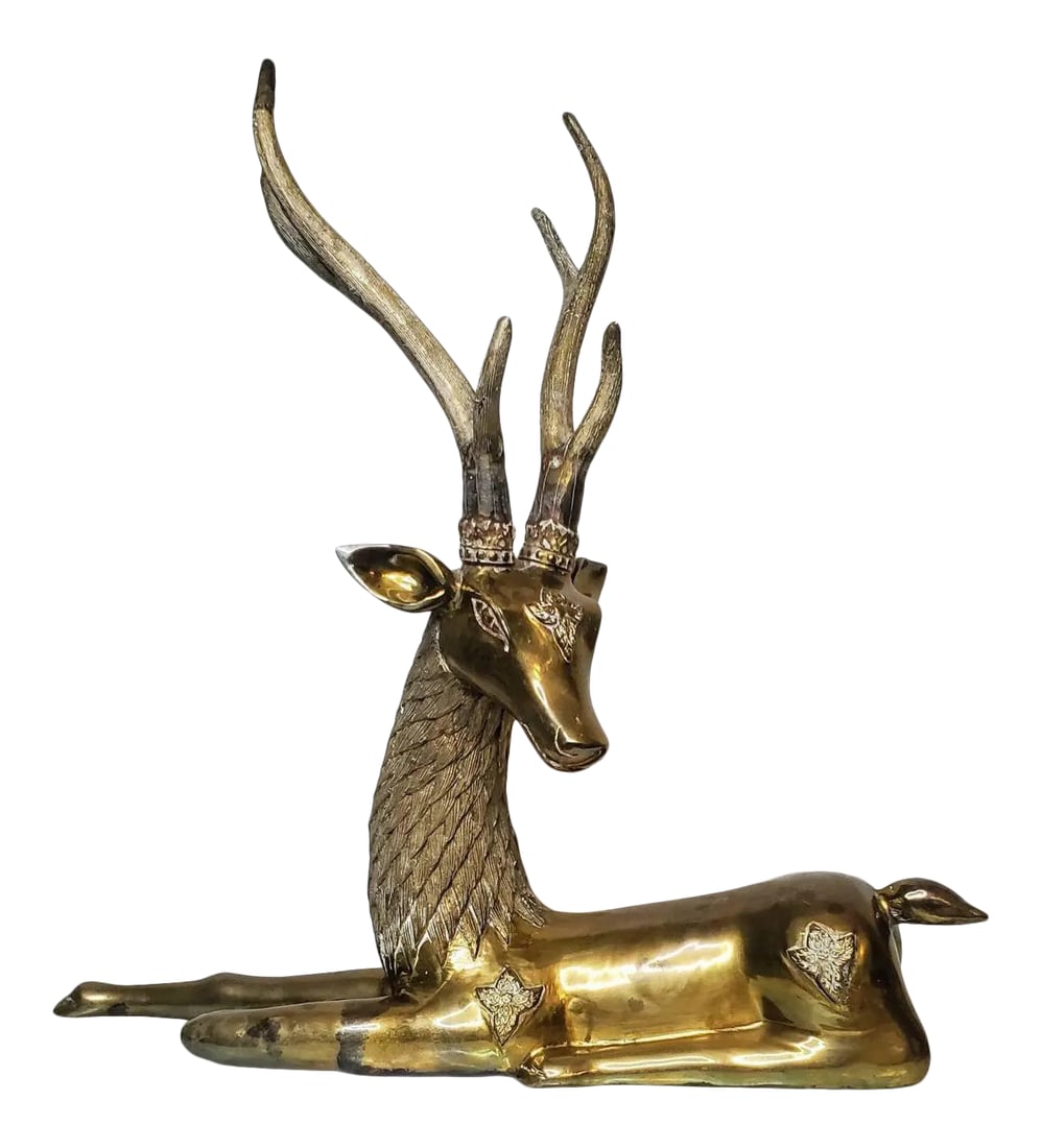 Huge 1960s/1970s Sarreid Hollywood Regency Brass Stag Deer Statue: A stunning, rare, very fine quality early Sarreid polished brass stag with beautifully aged patina! The scarce huge Mid-century Modern - Hollywood Regency naturalistic deer with charming whimsical