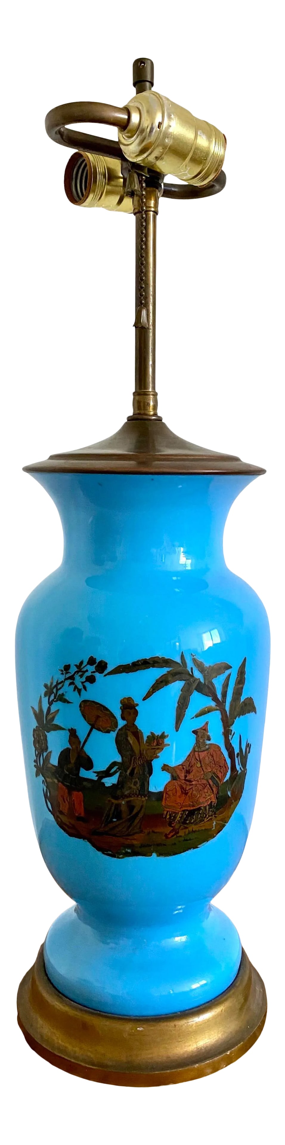 Mid 20th Century Chinoiserie Blue Opaline Hand Painted With Brass Lamp: Beautiful blue opaline hand painted lamp featuring a chinoiserie scene on front. Brass fittings and a decorative wood base. Excellent working condition. Base measures 13.5 inches Condition: