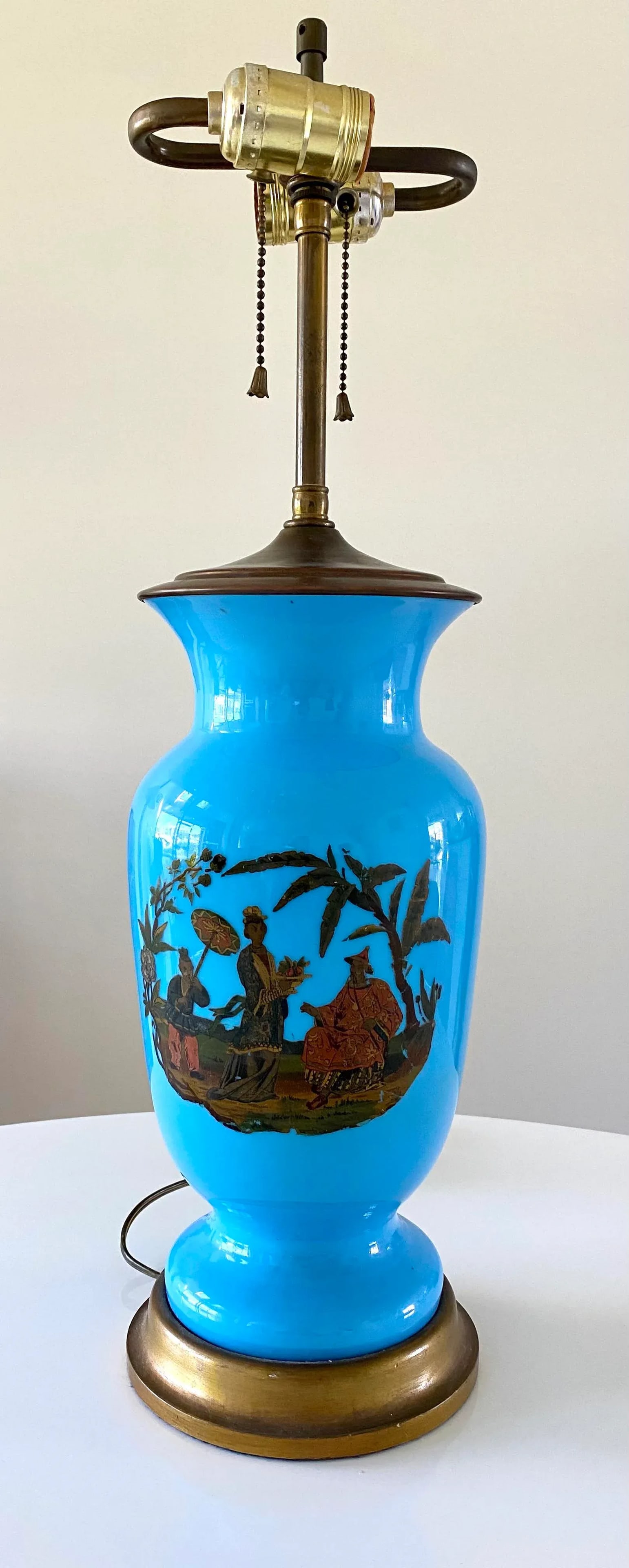 Mid 20th Century Chinoiserie Blue Opaline Hand Painted With Brass Lamp - 2