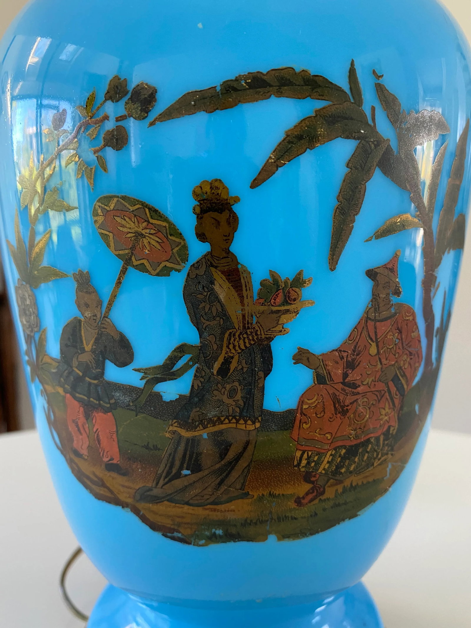 Mid 20th Century Chinoiserie Blue Opaline Hand Painted With Brass Lamp - 4