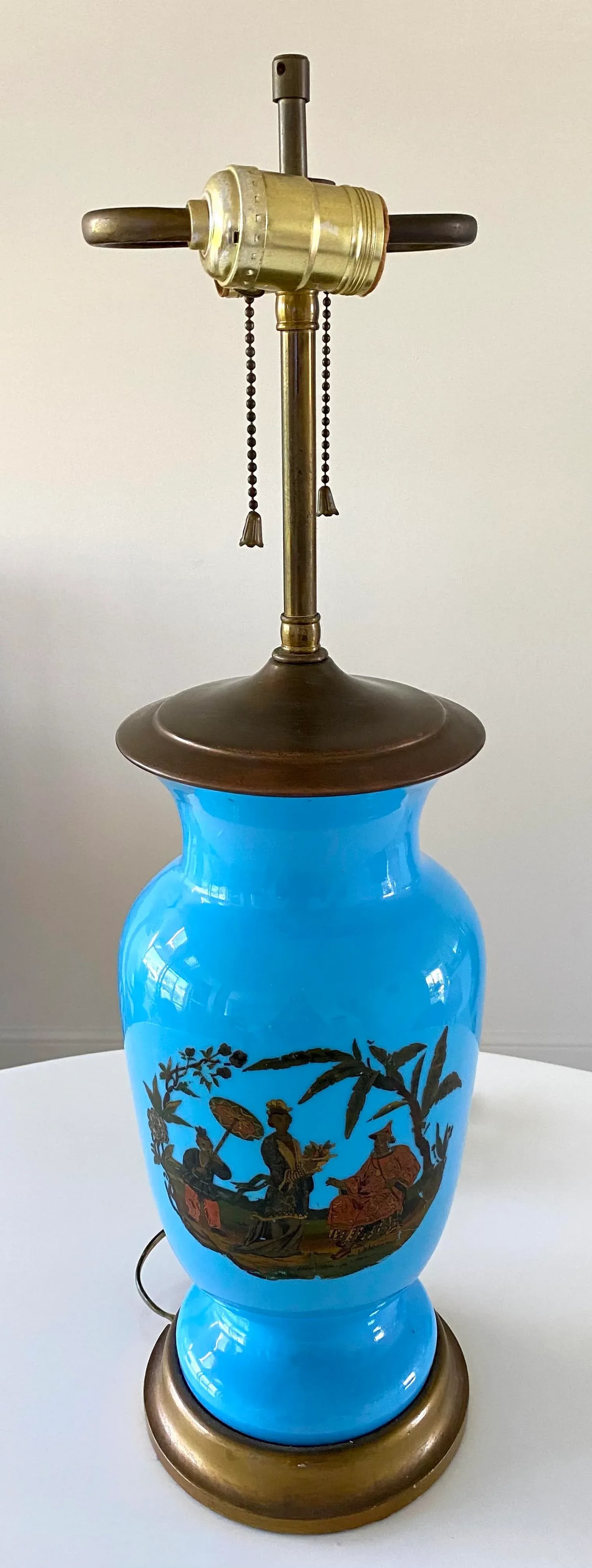 Mid 20th Century Chinoiserie Blue Opaline Hand Painted With Brass Lamp - 5