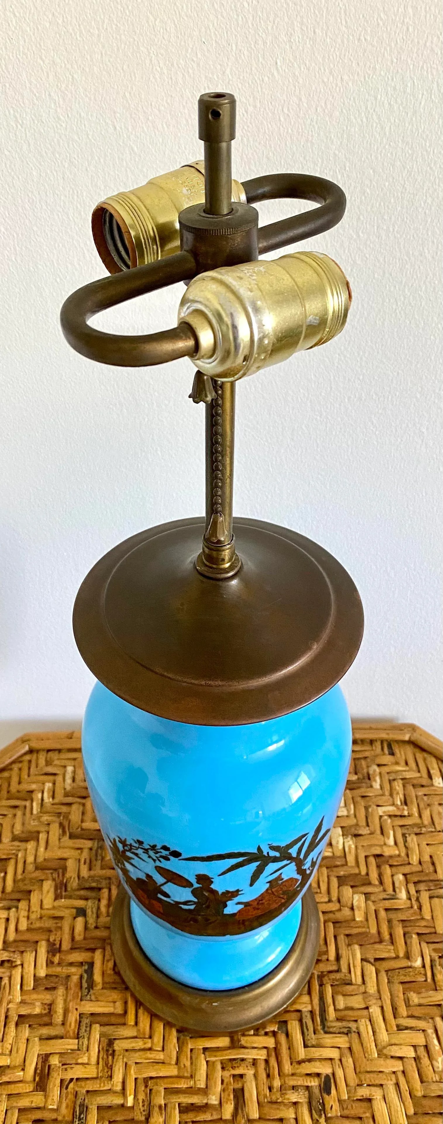 Mid 20th Century Chinoiserie Blue Opaline Hand Painted With Brass Lamp - 7