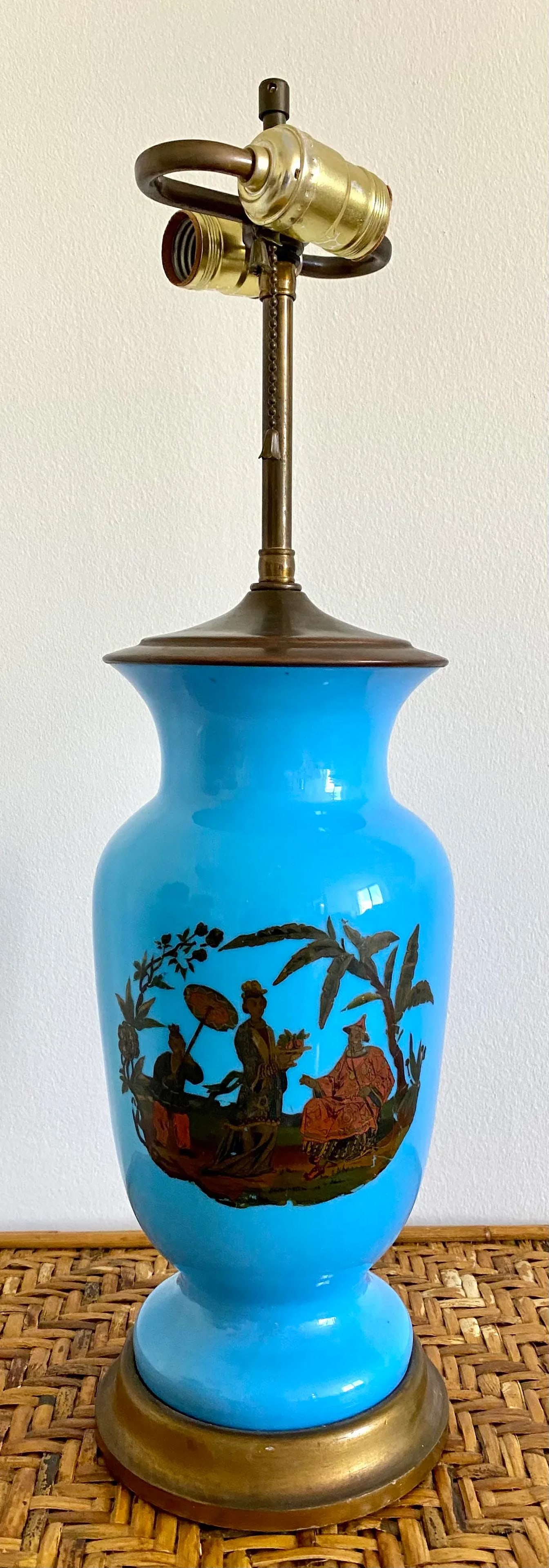 Mid 20th Century Chinoiserie Blue Opaline Hand Painted With Brass Lamp - 8