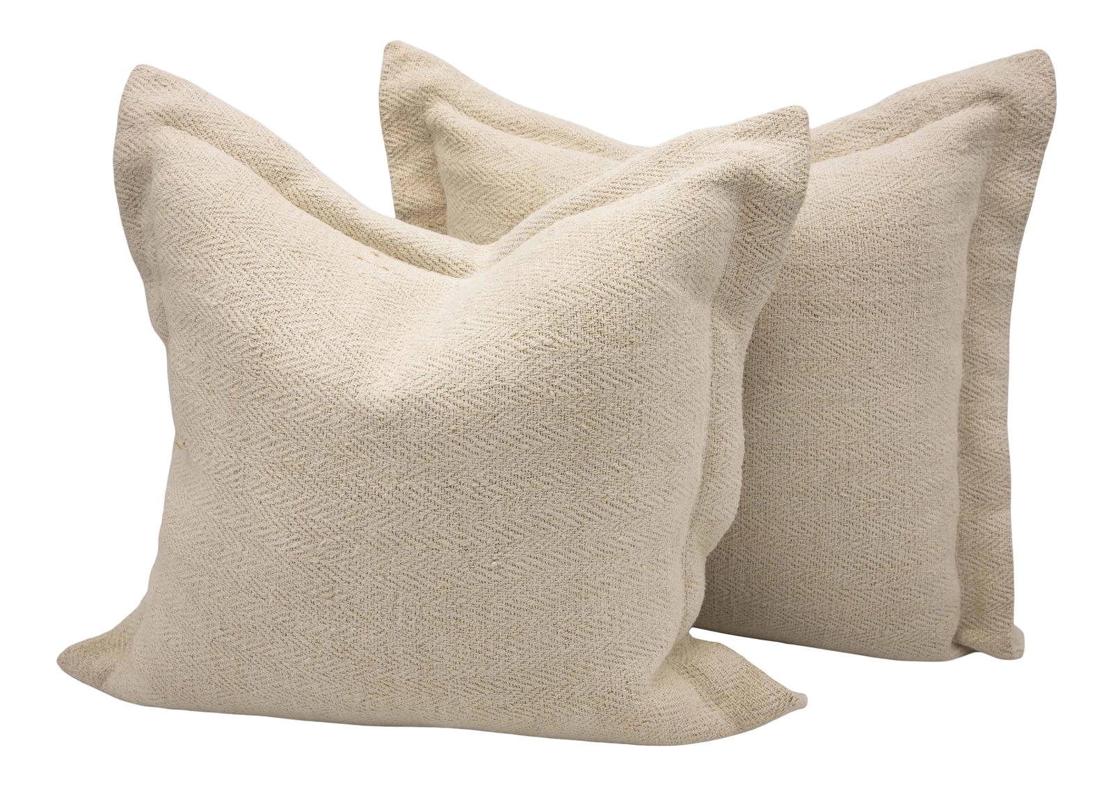 Antique Belgian Linen Pillows- a Pair: A pair of 20x20 pillows made from antique Belgian linen. A large flange finish with down fill. Button closure on the reverse. Condition: Alterations: Original Condition Unaltered Imperfections: Some