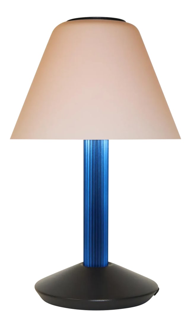1990s Carlo Nason Table Lamp Rose Glass: "Opera" Night Table Lamp, Murano Hand Blown "Incamiciato" Rose Glass Diffuser Satin Fnish and White Interior. Anodized Aluminum Stem in blue. Base and Detail in Black Lacquered. The "Opera Lamp " was 