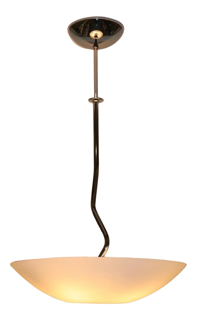 1990s Modern Murano Green or White Glass Pendant Lamp: OBLO Pendant Murano Green or White (Your Choice) Glass Diffuser Satin Finish and White Interior. Made by Murano Due. Dimensions: Diameter 23" Height 38" Wattage: 4X60W E14 + 1- 50W MR1 Condition: Impe