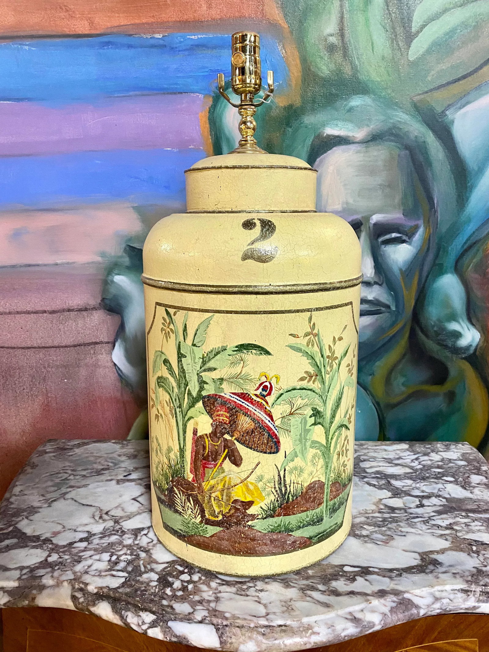 1970s Mid-Century Tole Hand Painted English Export Tea Caddy Lamp - 10